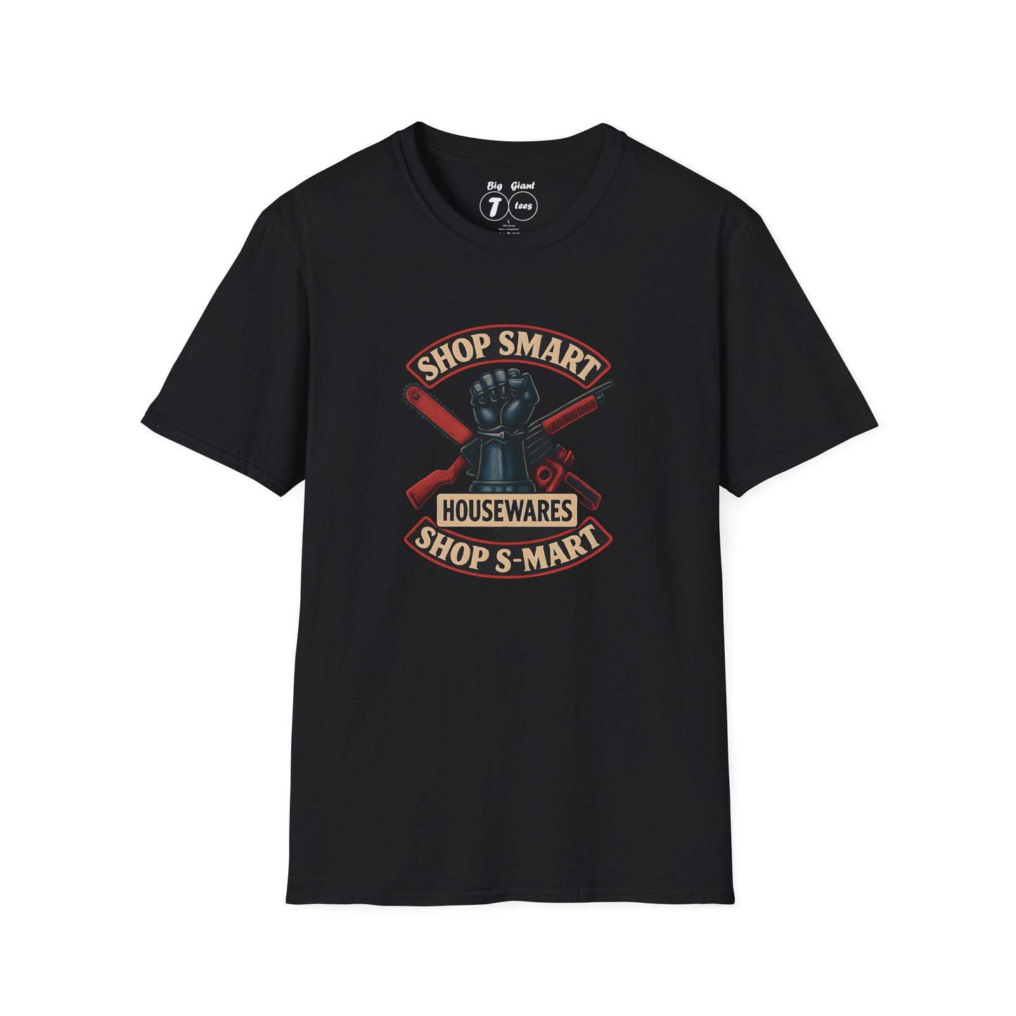 Black unisex tee with “Shop Smart Shop S-Mart” text laid flat.