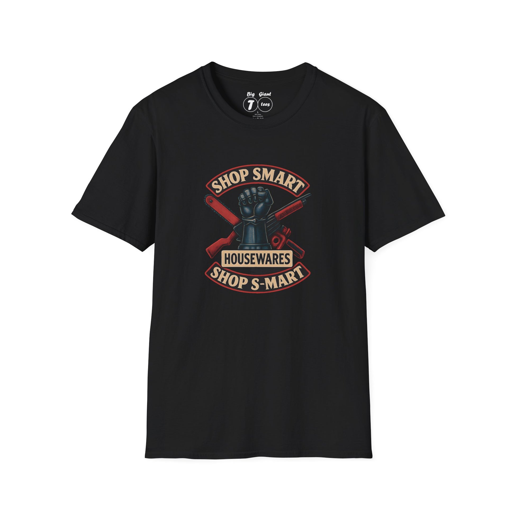 Black unisex tee with “Shop Smart Shop S-Mart” text laid flat.