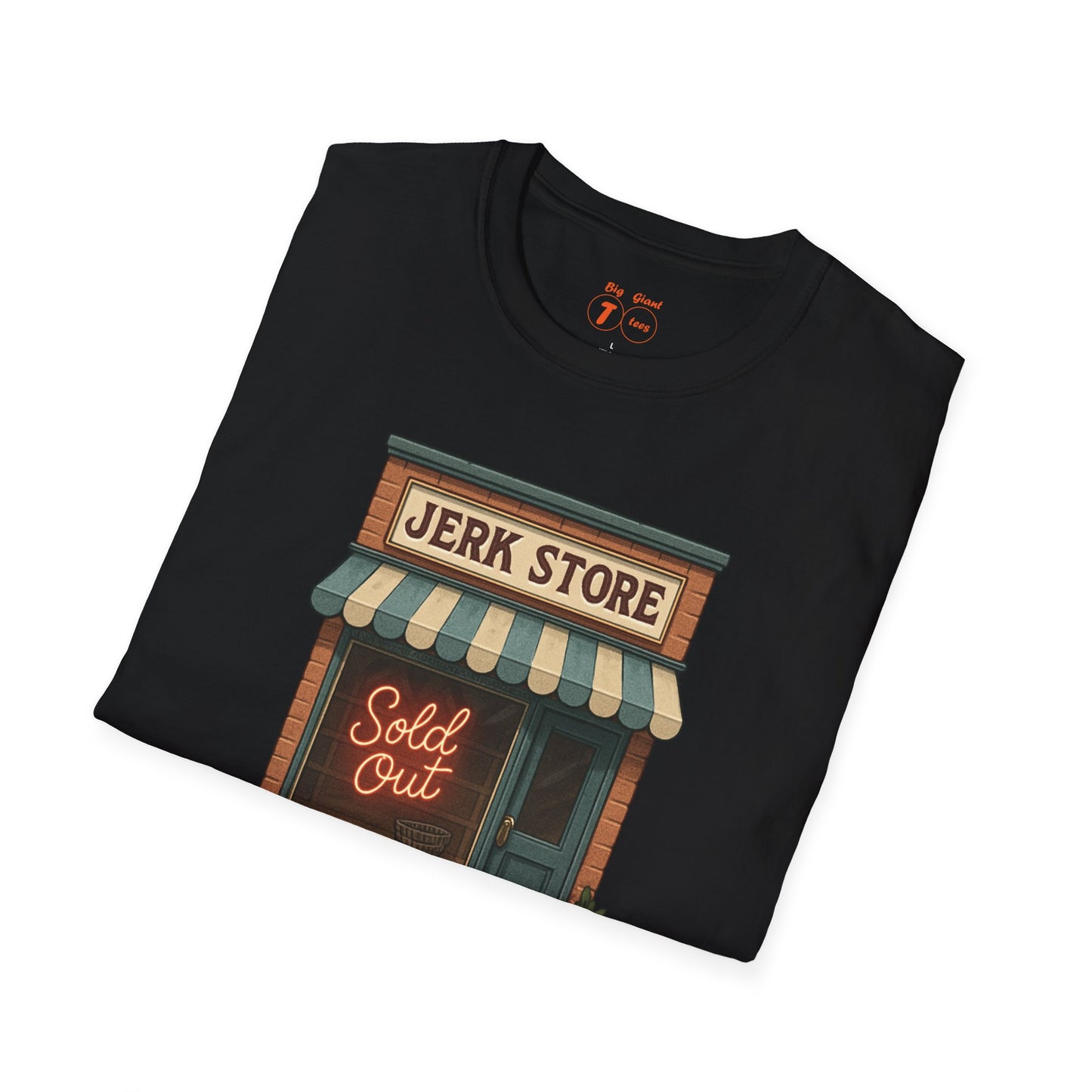 Folded black tee with “Jerk Store” wording.