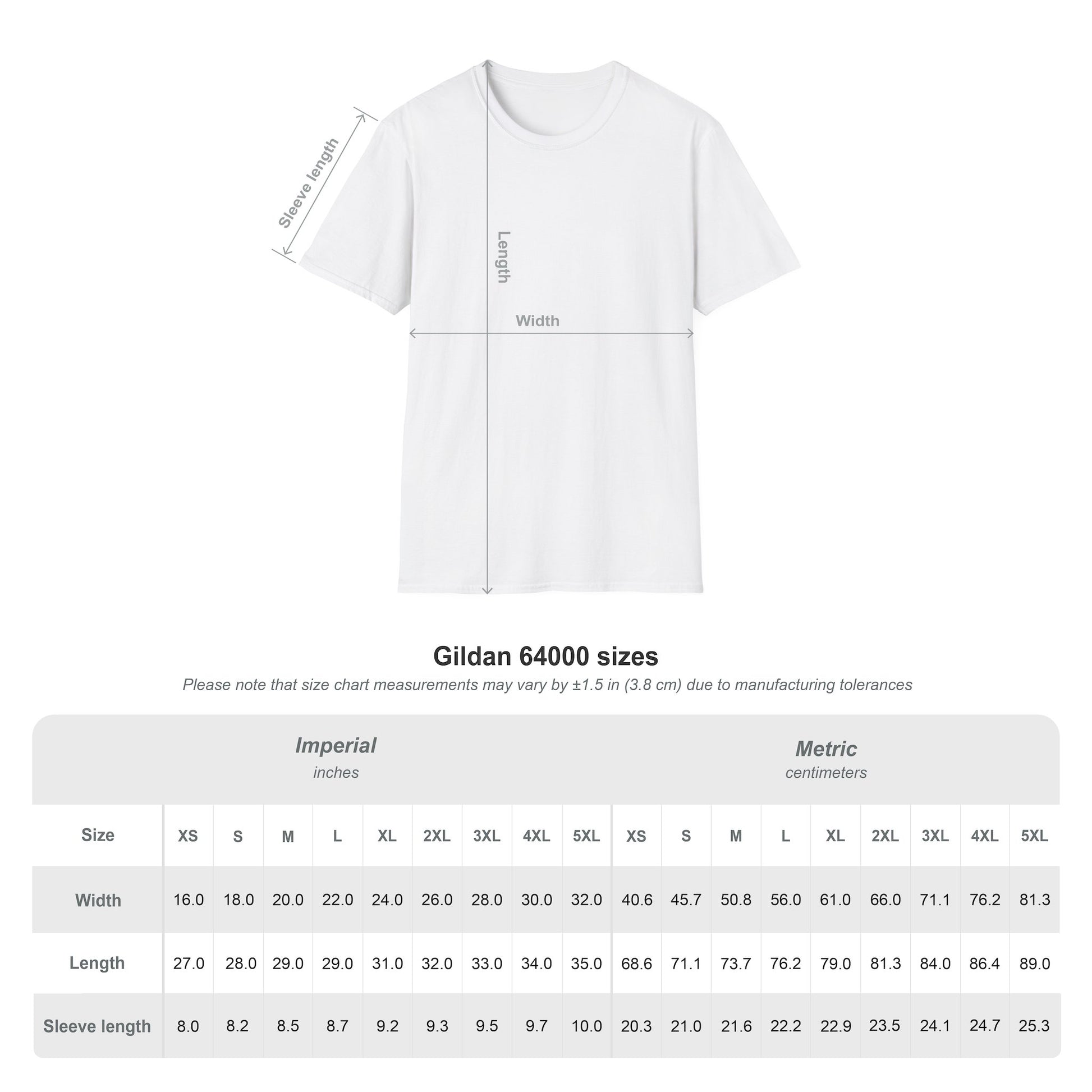 Unisex sizing chart S to 3XL.