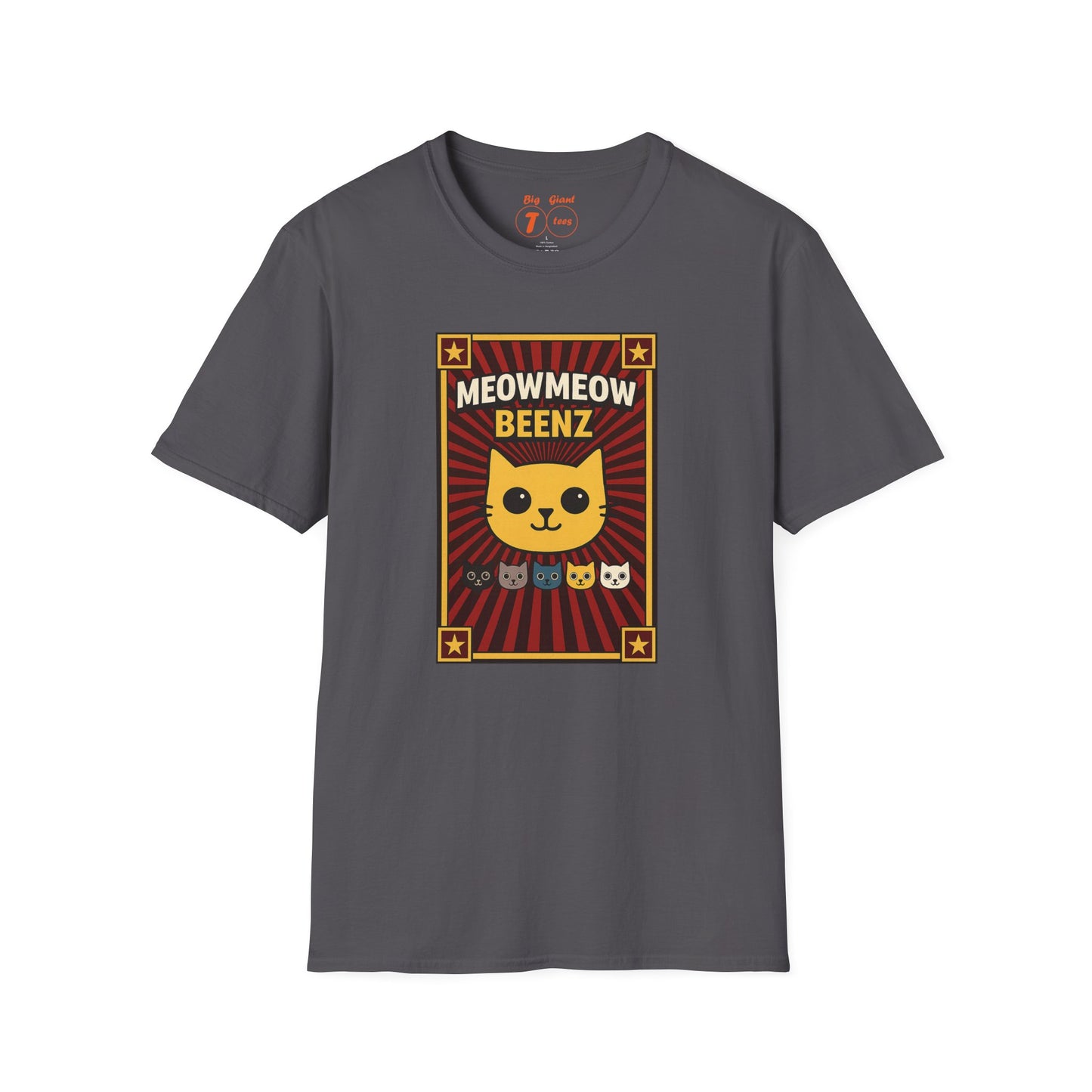 Gray unisex t-shirt with the “MeowMeowBeenz” design displayed on a white background.