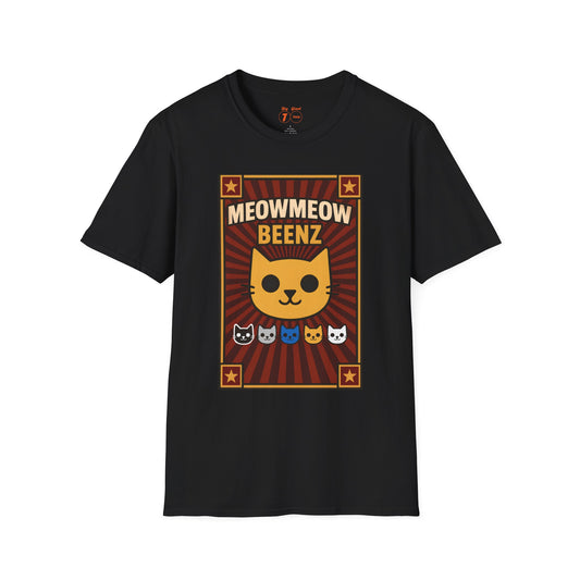 Black unisex t-shirt with the “MeowMeowBeenz” design displayed flat on a plain background.