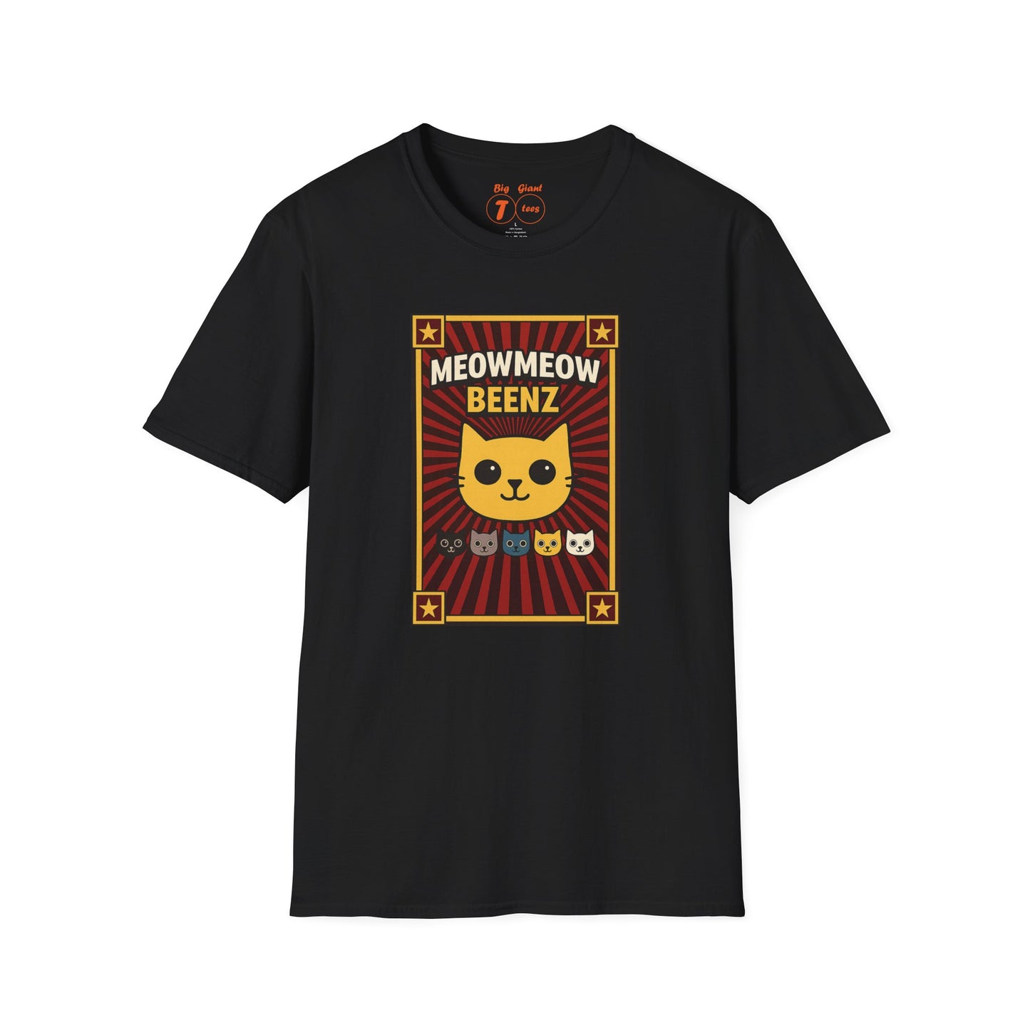 Black unisex t-shirt with the “MeowMeowBeenz” design displayed flat on a plain background.