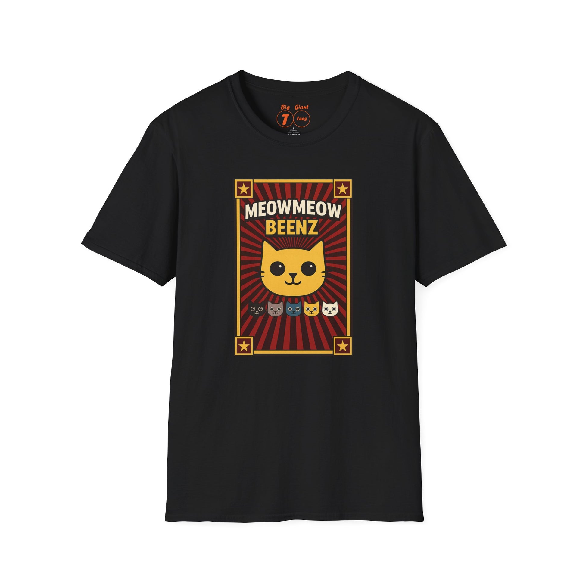 Black unisex t-shirt with the “MeowMeowBeenz” design displayed flat on a plain background.