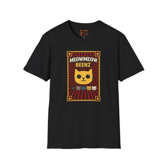 Black unisex t-shirt with the “MeowMeowBeenz” design displayed flat on a plain background.