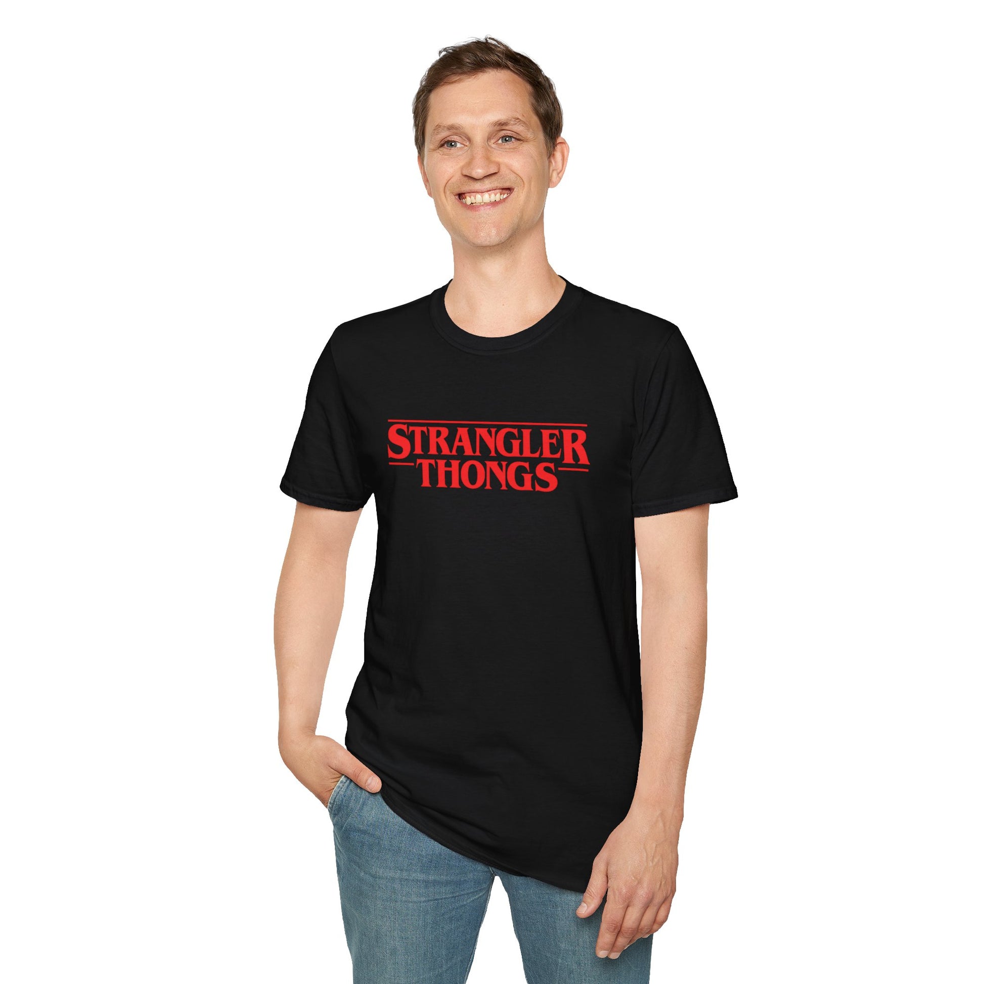Man wearing black “Strangler Thongs” joke shirt.