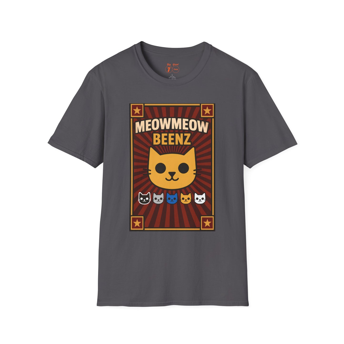 Gray “MeowMeowBeenz” graphic tee isolated.
