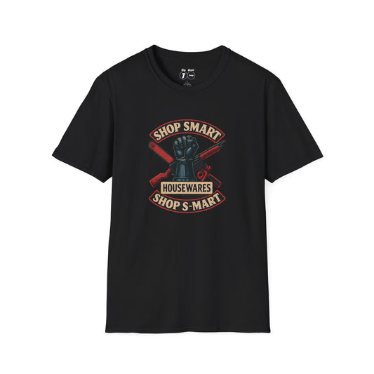 Black unisex tee with “Shop Smart Shop S-Mart” text laid flat.