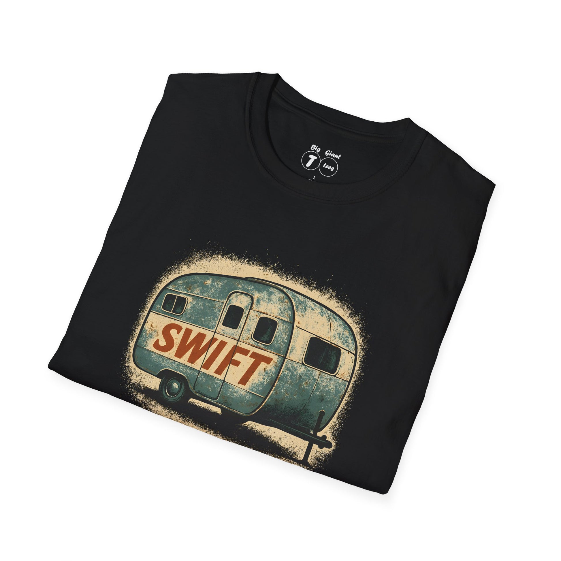 Folded black tee with “Trailor Swift” design visible.