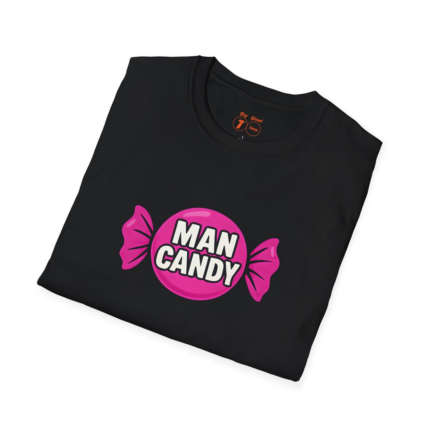 Folded black tee with “Man Candy” wording.