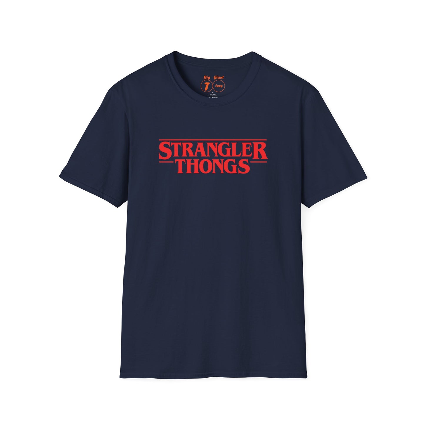 Navy “Strangler Thongs” shirt isolated.