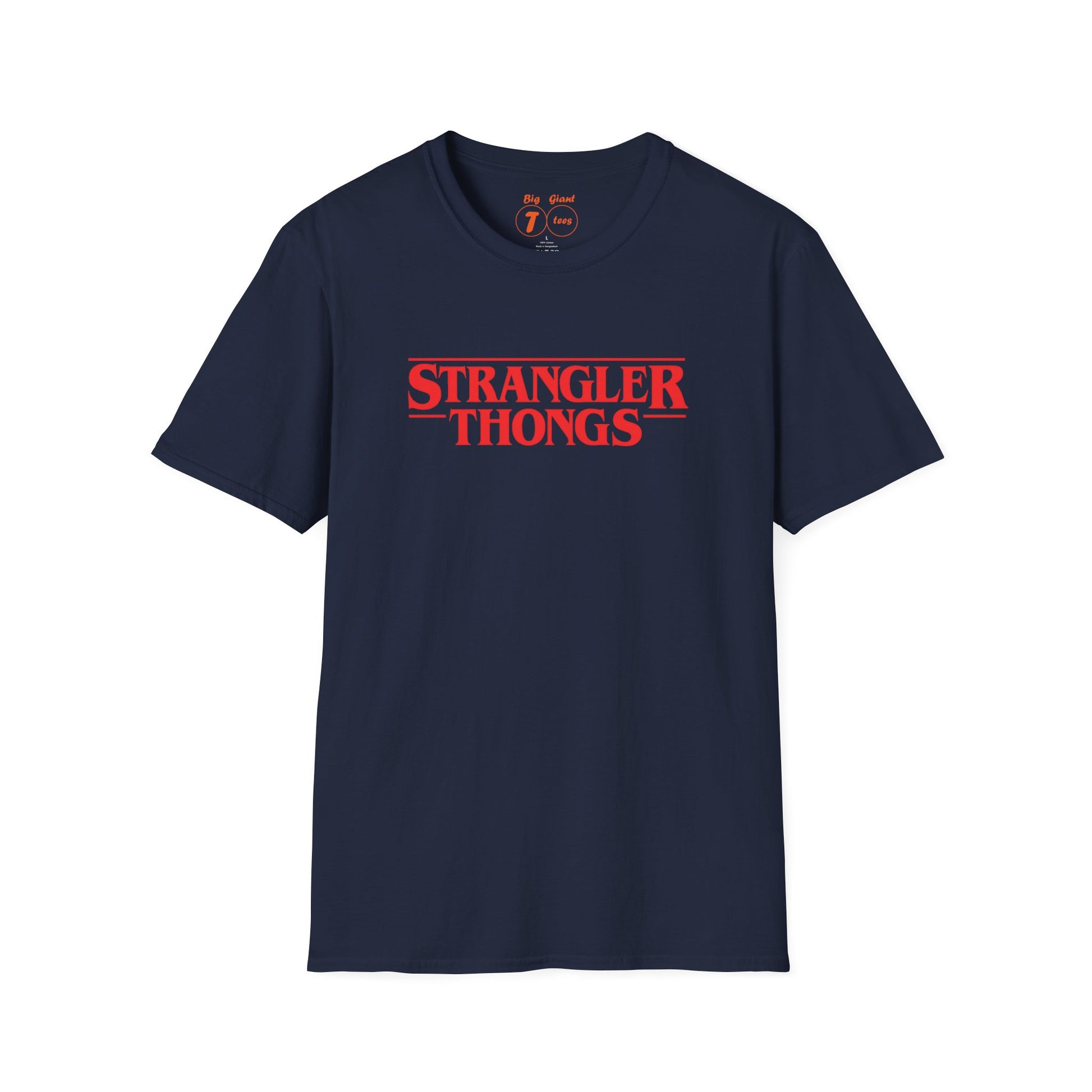 Navy “Strangler Thongs” shirt isolated.