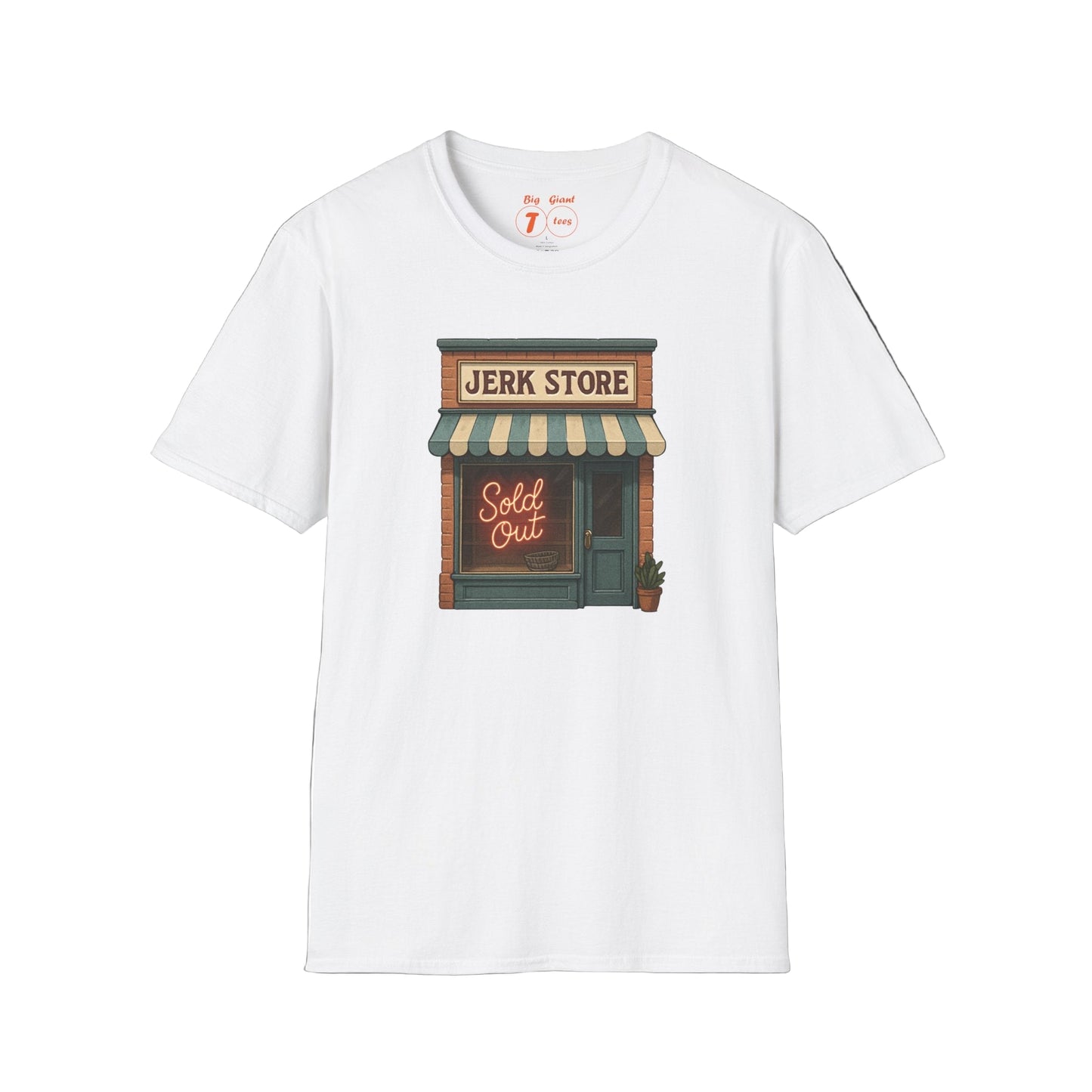 White t-shirt with a graphic of a store front and 'Jerk Store' text on a white background