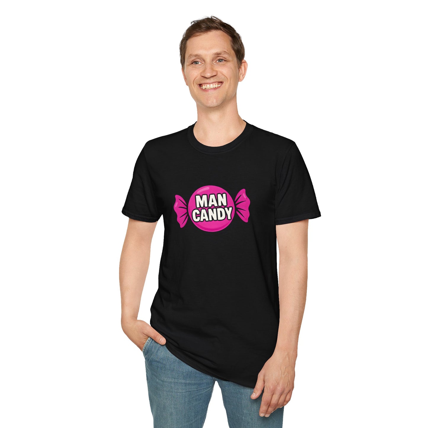 Man wearing black “Man Candy” shirt, facing forward.