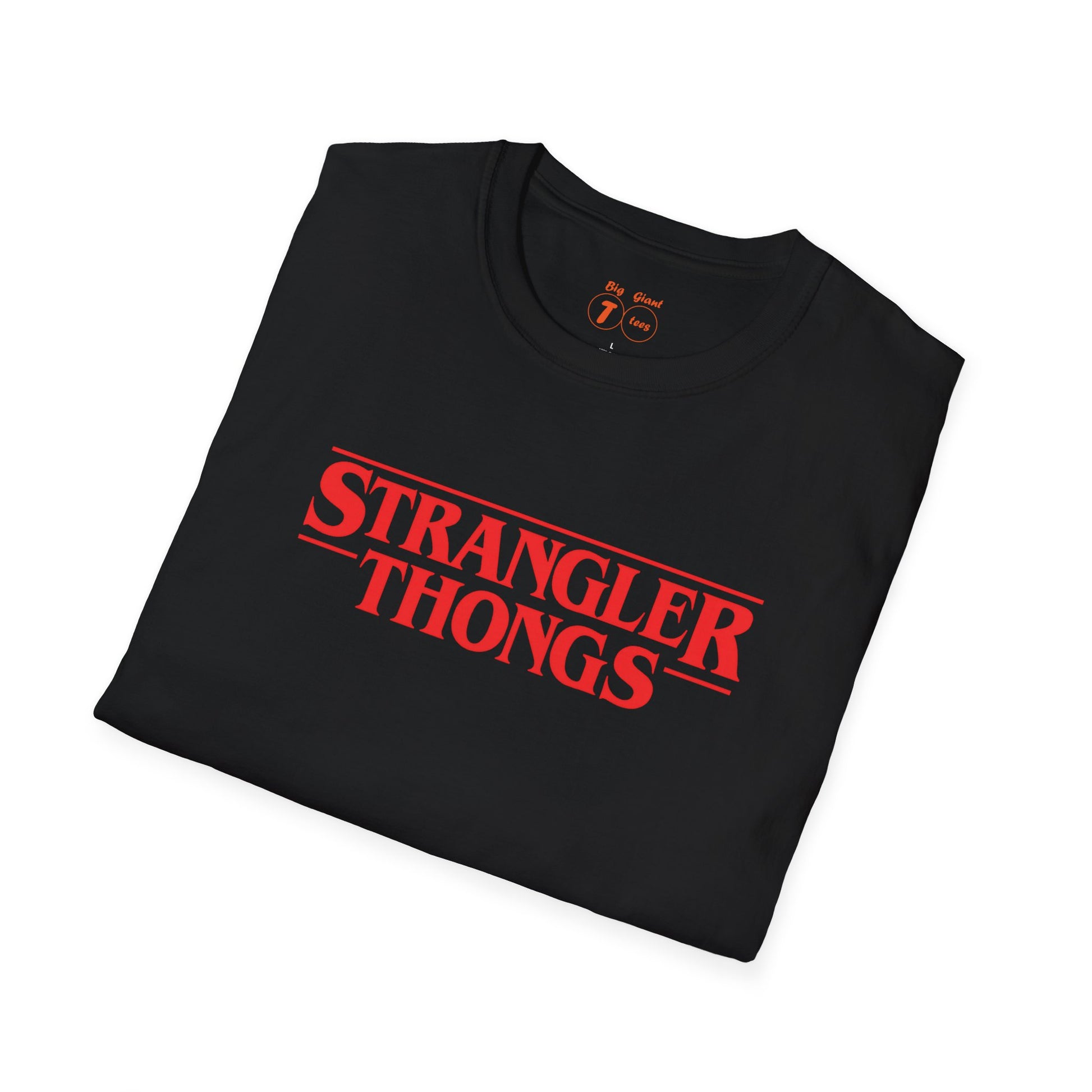 Folded black tee with “Strangler Thongs” text.