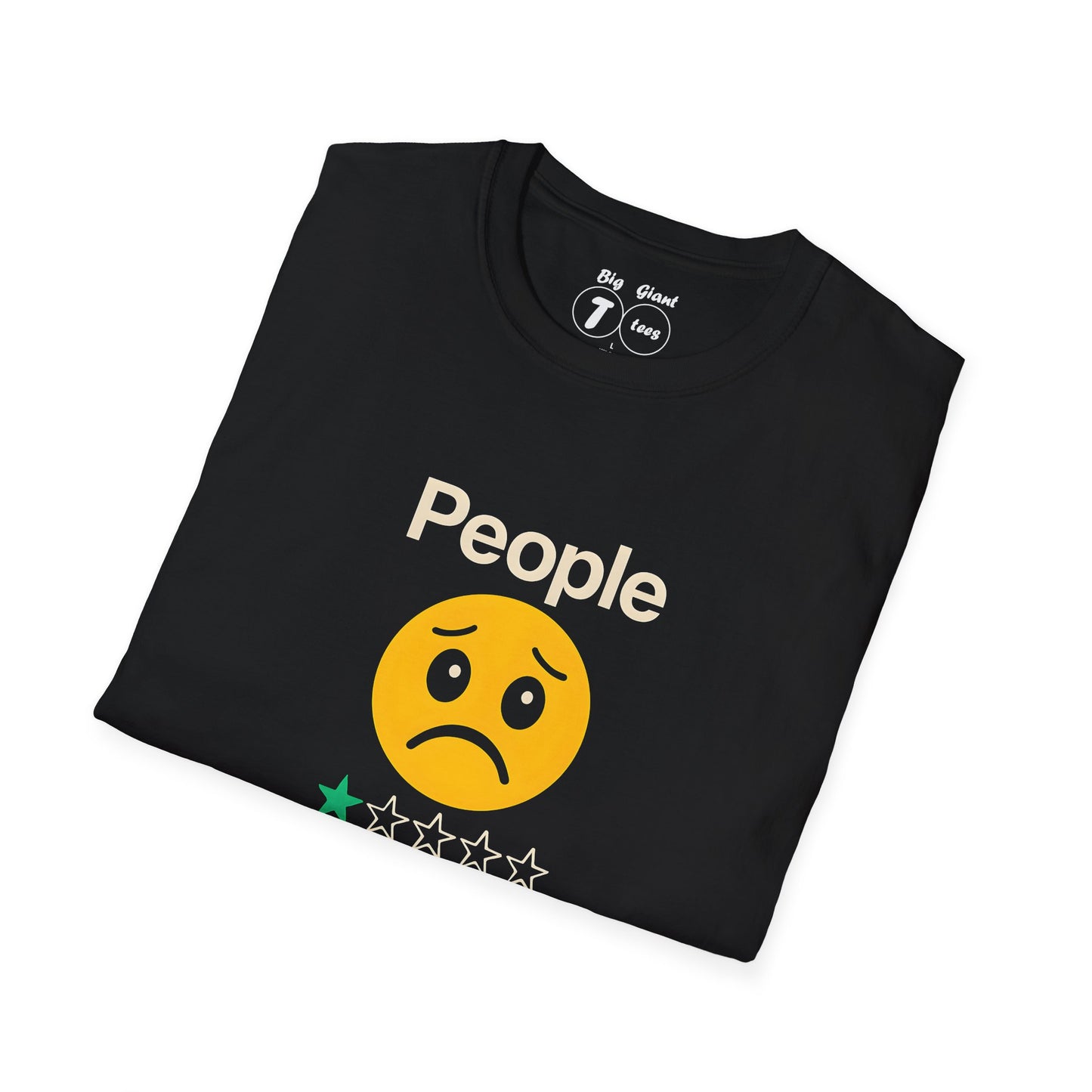 Folded black tee with “People 1 Star” rating visible.
