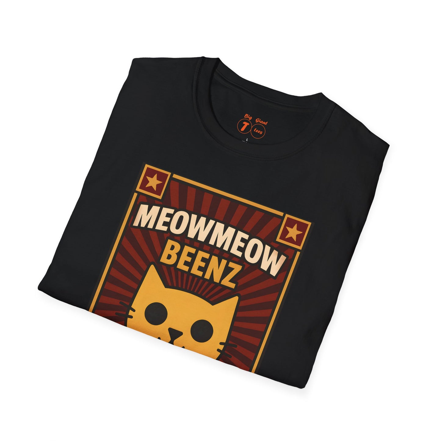 Folded black unisex t-shirt with the “MeowMeowBeenz” text visible.