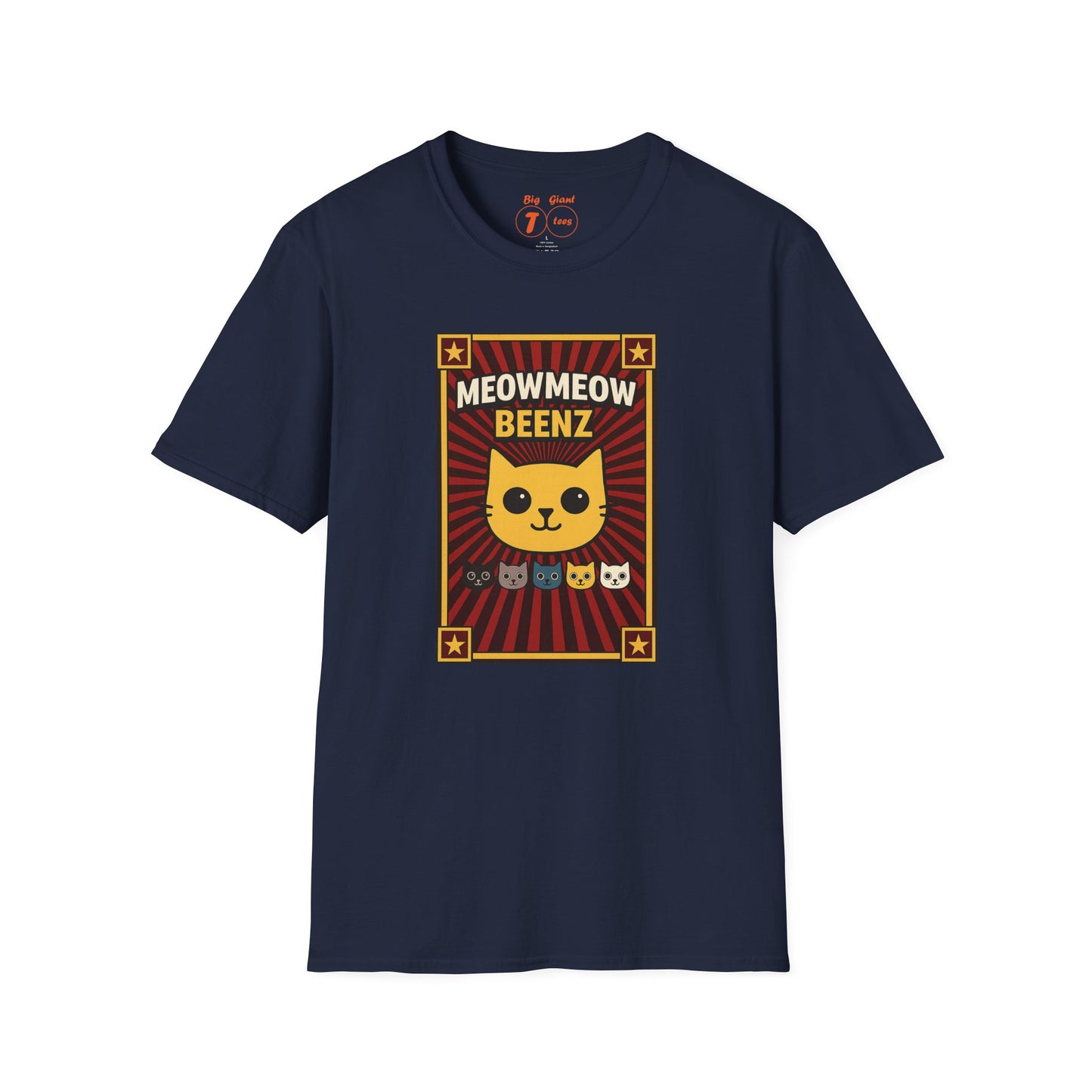 Navy unisex t-shirt featuring the “MeowMeowBeenz” print displayed isolated.