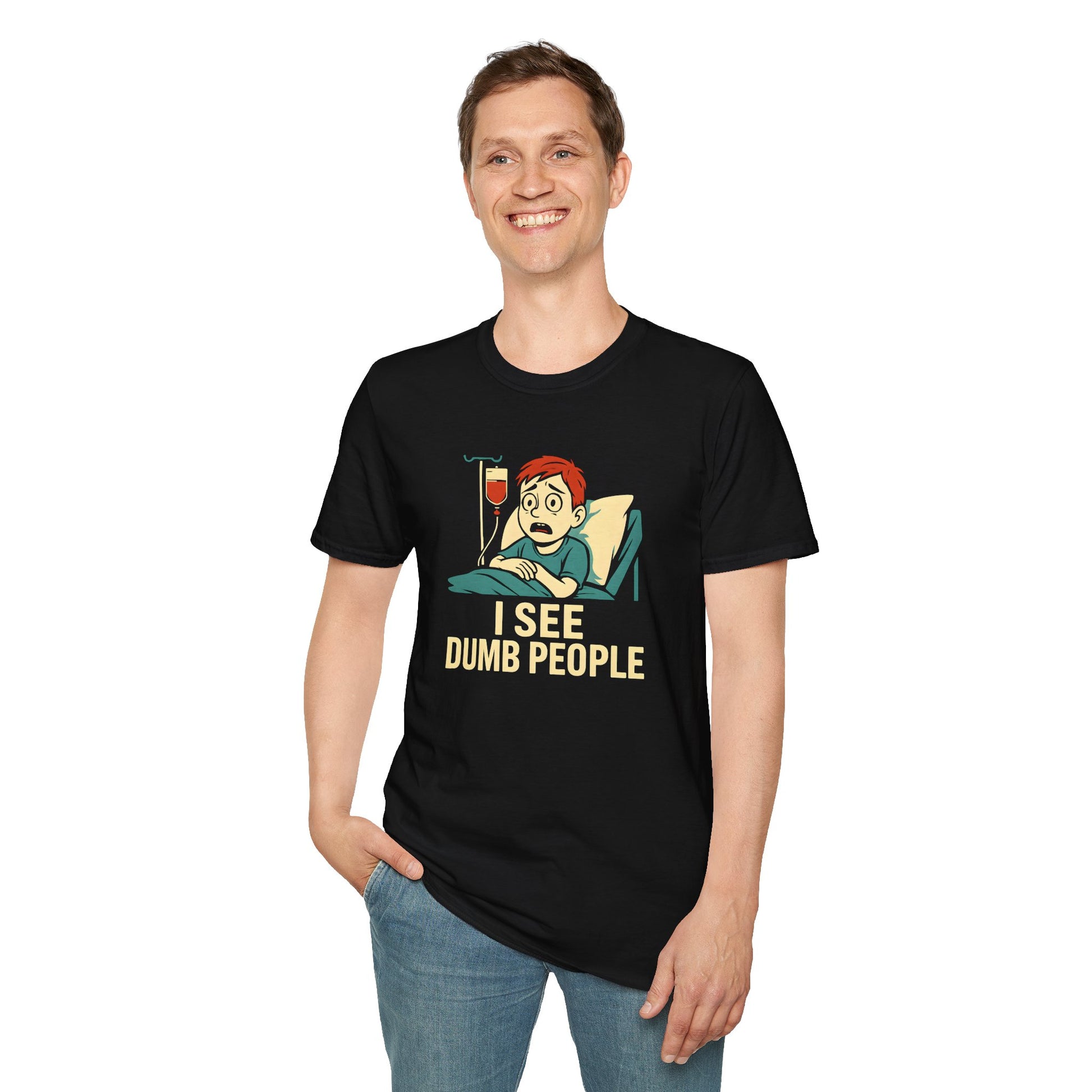 Man wearing black “I See Dumb People” shirt, front view.