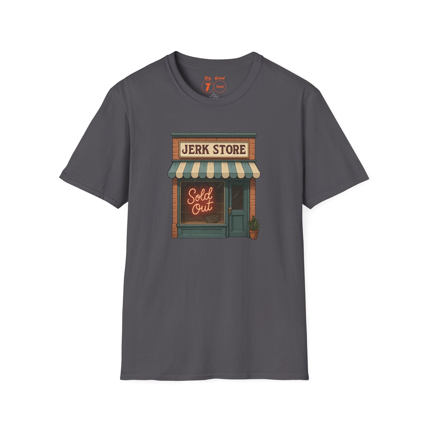 Gray t-shirt with a graphic of a store front and 'Jerk Store' text on a white background