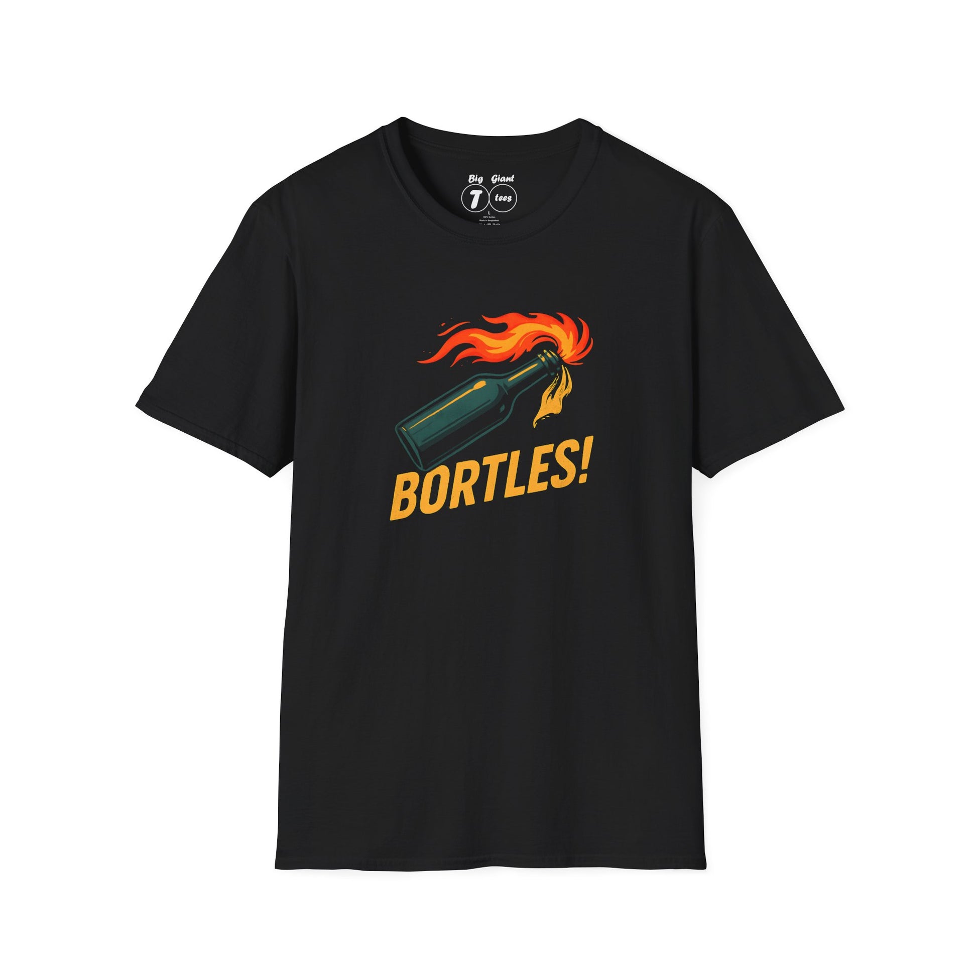 Black unisex “Bortles” print tee flat on plain background.