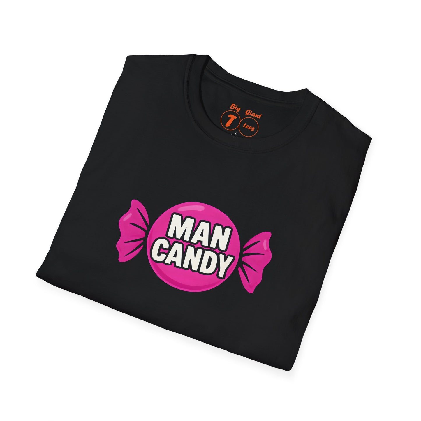 Folded black tee with “Man Candy” wording.