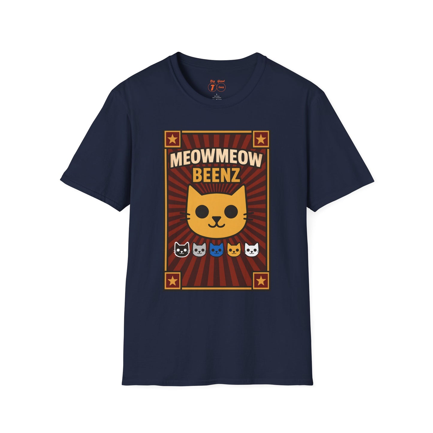 Navy unisex t-shirt featuring the “MeowMeowBeenz” print displayed isolated.