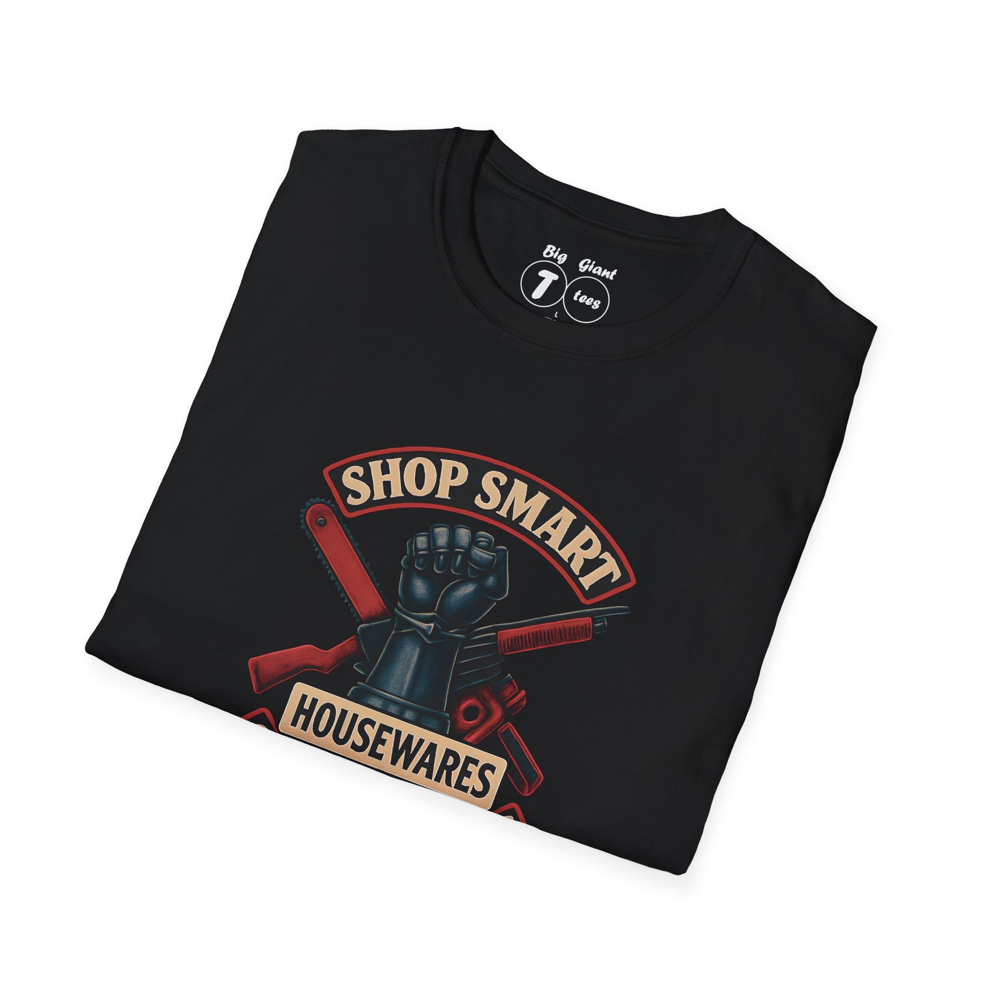 Folded black tee with S-Mart wording visible.