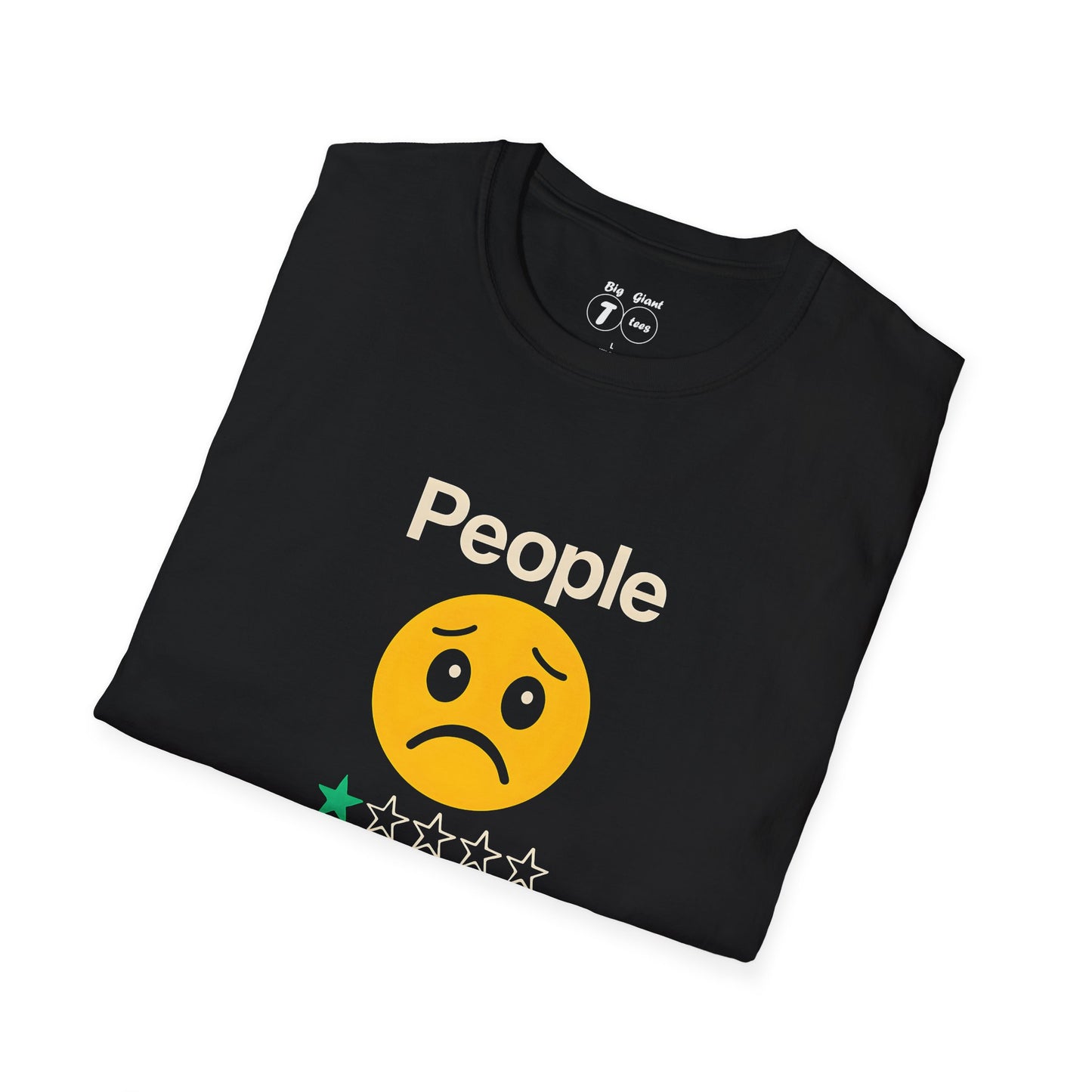 Folded black tee with “People 1 Star” rating visible.