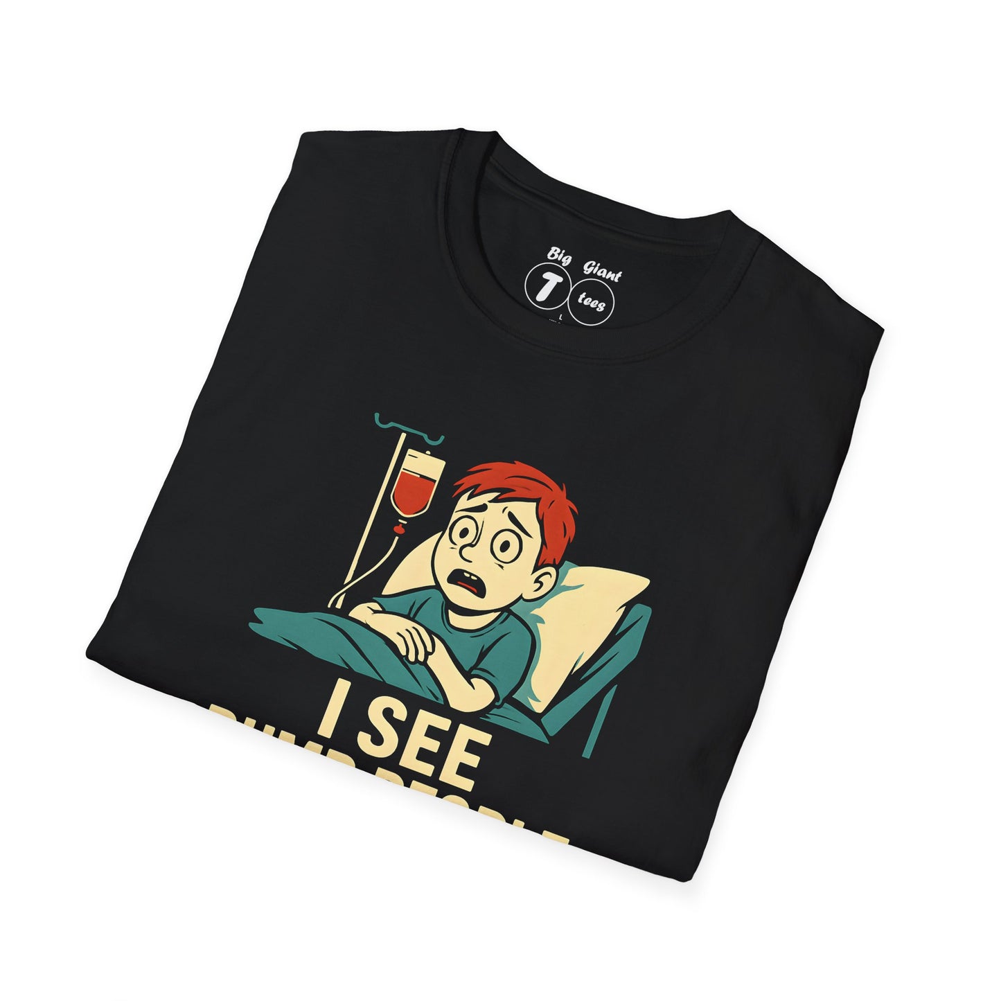 Folded black tee with the dumb people text visible.