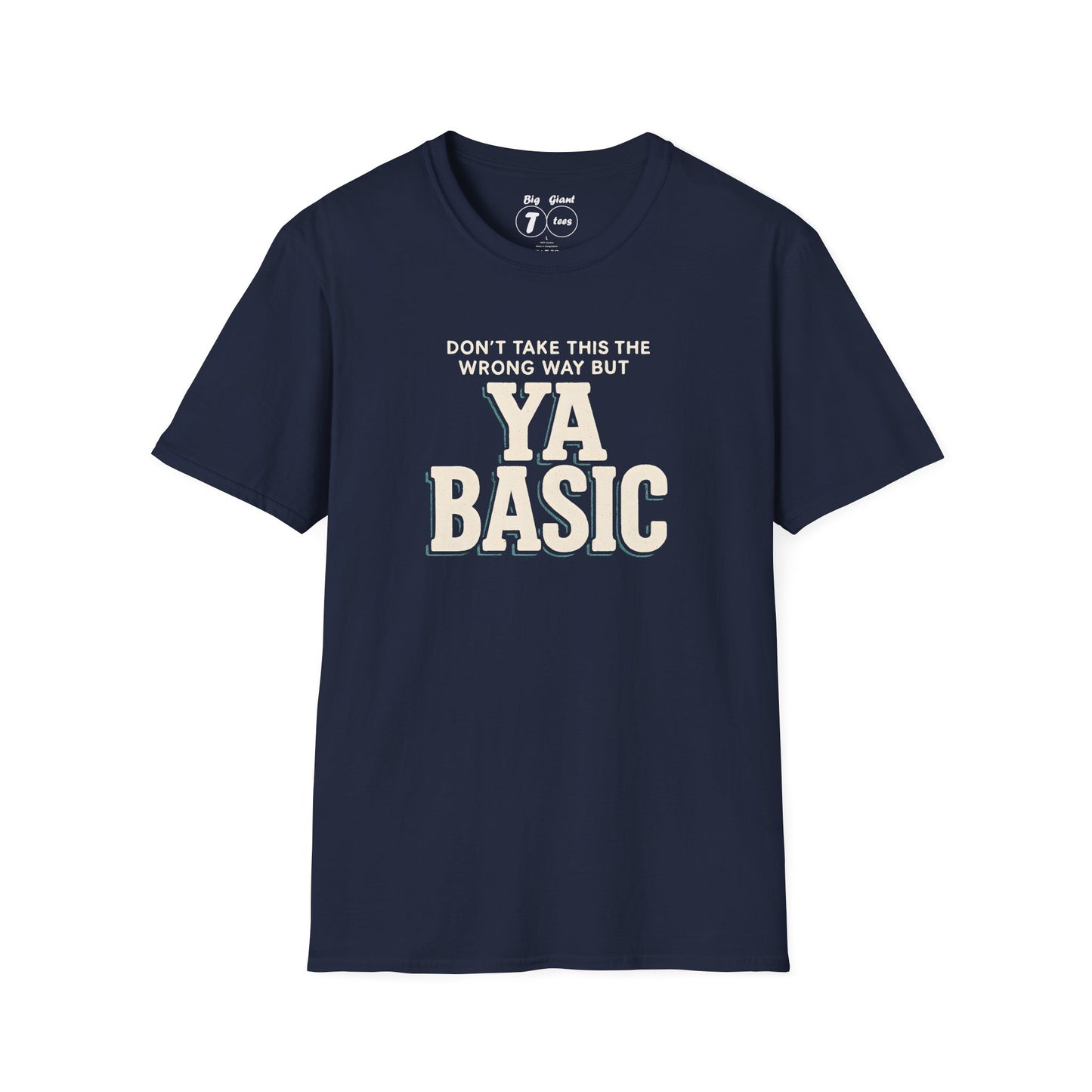 Navy “Ya Basic” shirt isolated on a neutral backdrop.