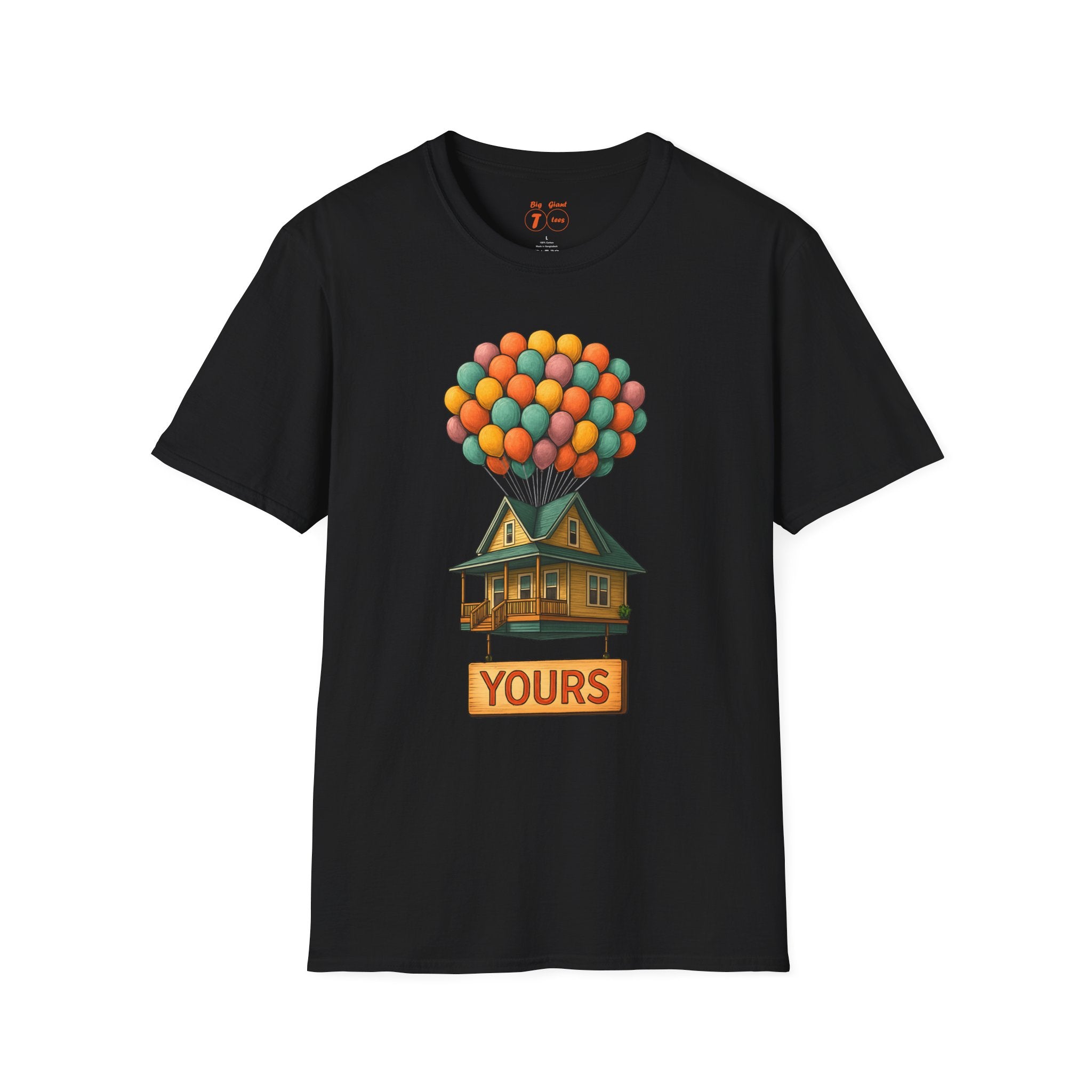 Black t-shirt with a colorful house and balloons design on a white background