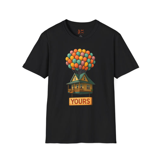 Black t-shirt with a colorful house and balloons design on a white background