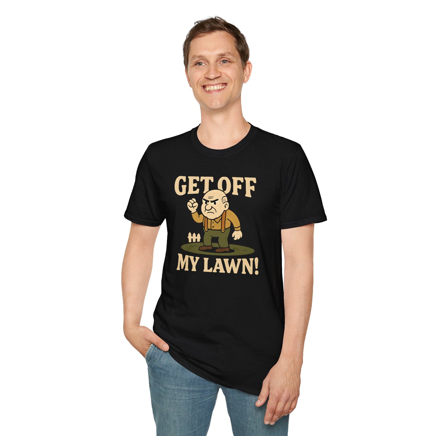 Man wearing black “Get Off My Lawn” graphic tee, front view.