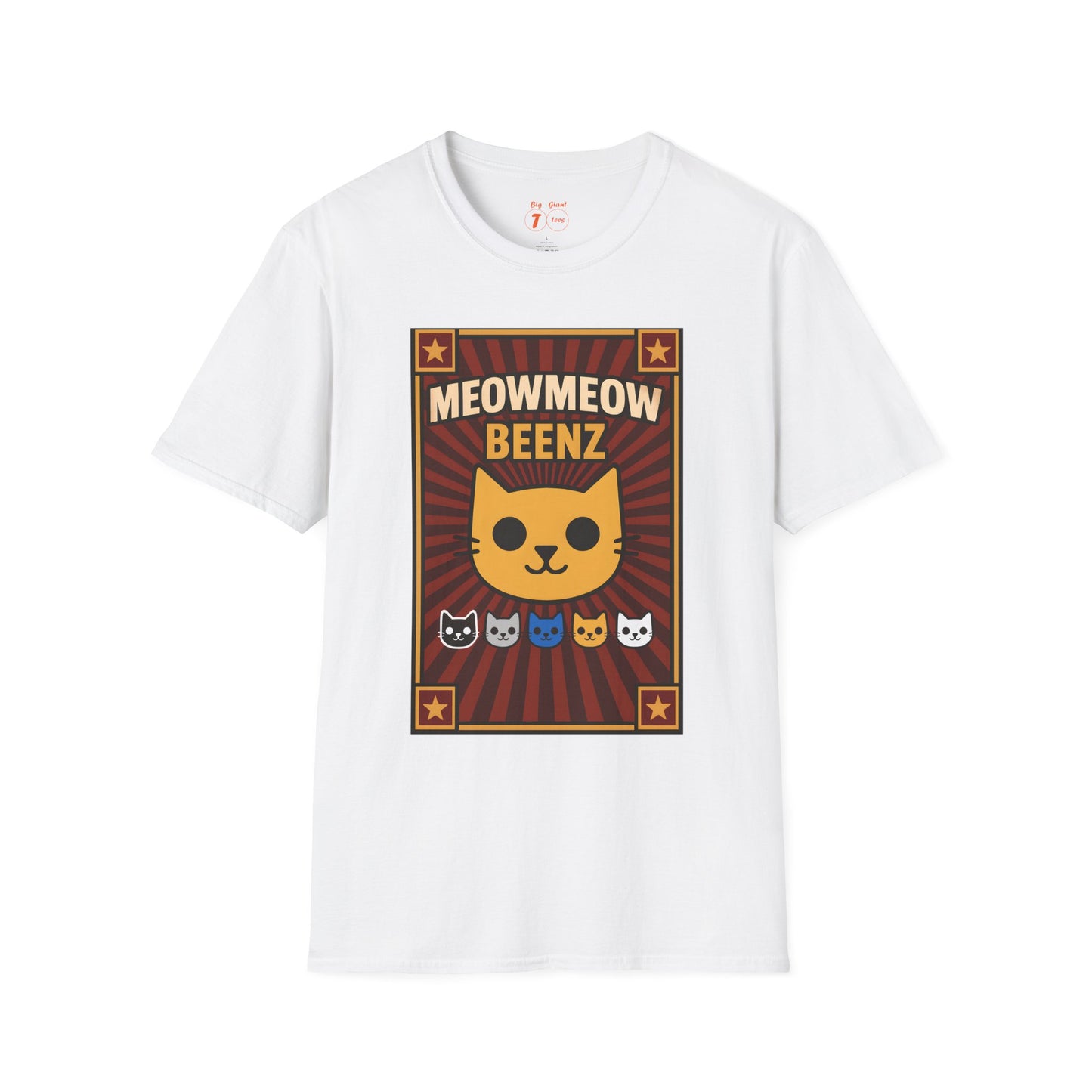 White “MeowMeowBeenz” graphic tee isolated on simple background.
