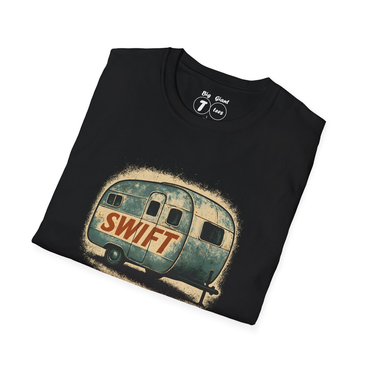 Folded black tee with “Trailer Swift” design visible.