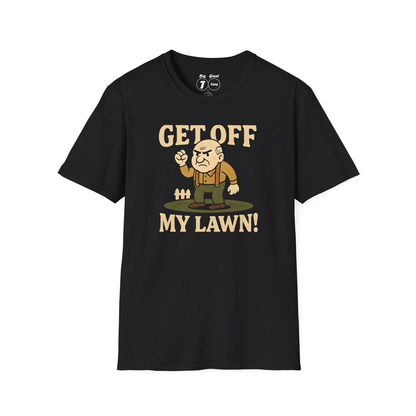 Black “Get Off My Lawn” unisex tee laid flat.