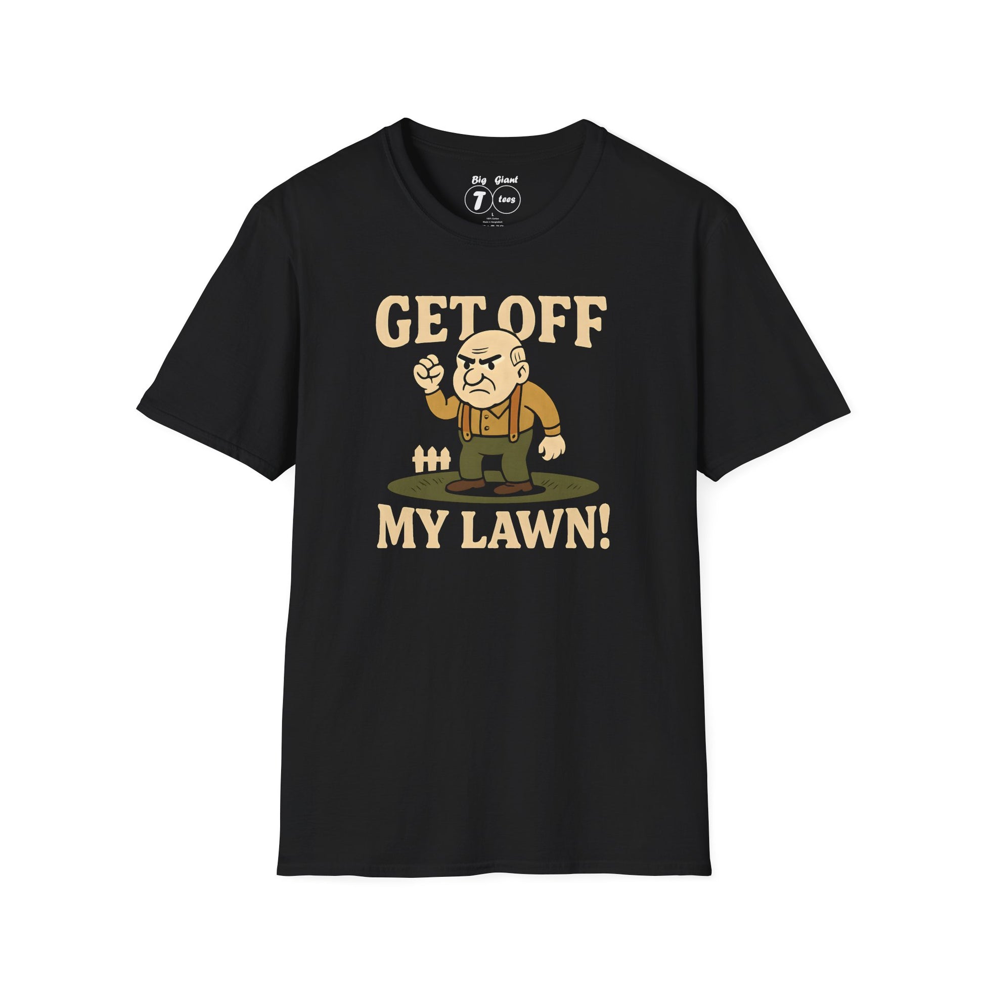 Black “Get Off My Lawn” unisex tee laid flat.