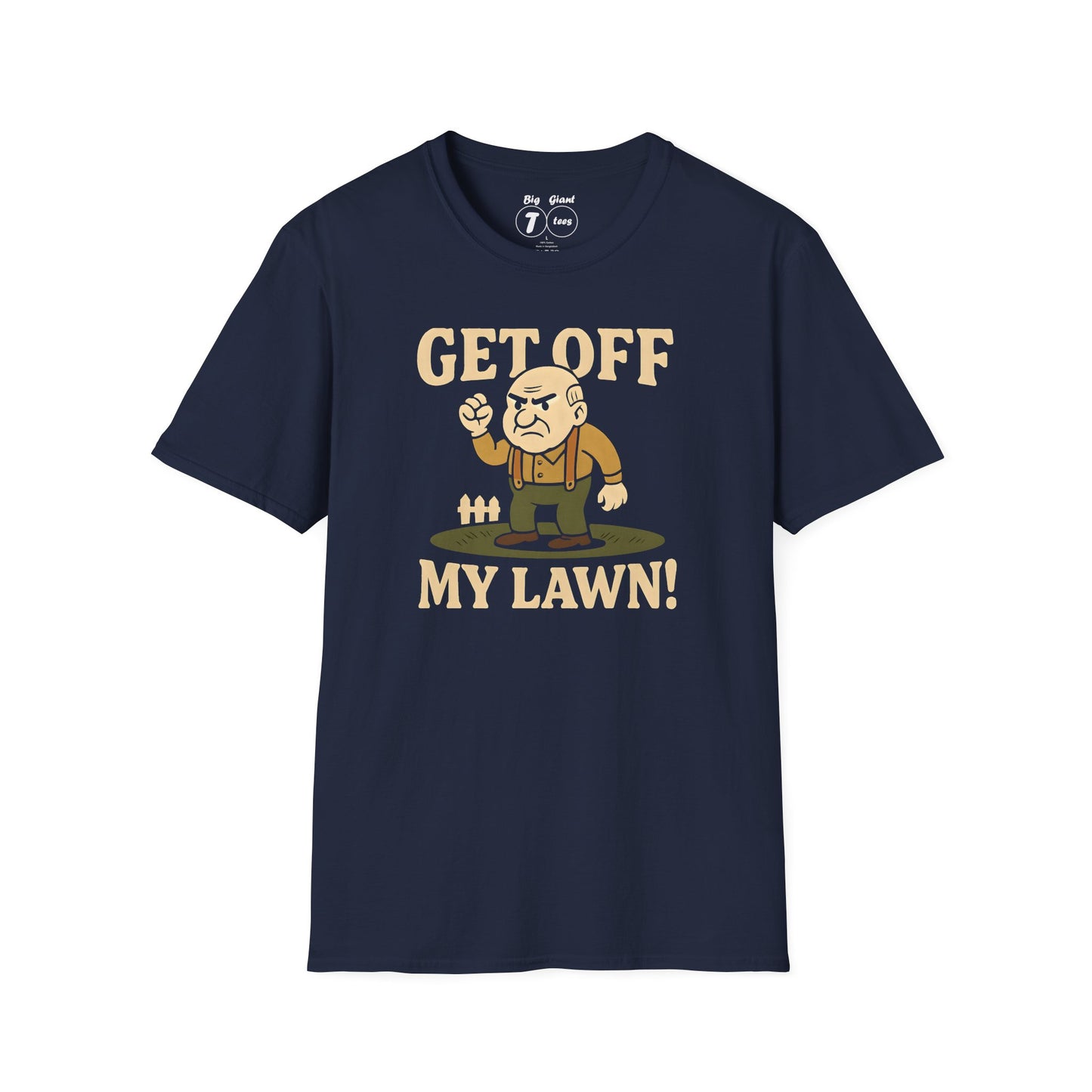 Navy version of “Get Off My Lawn” shirt isolated.