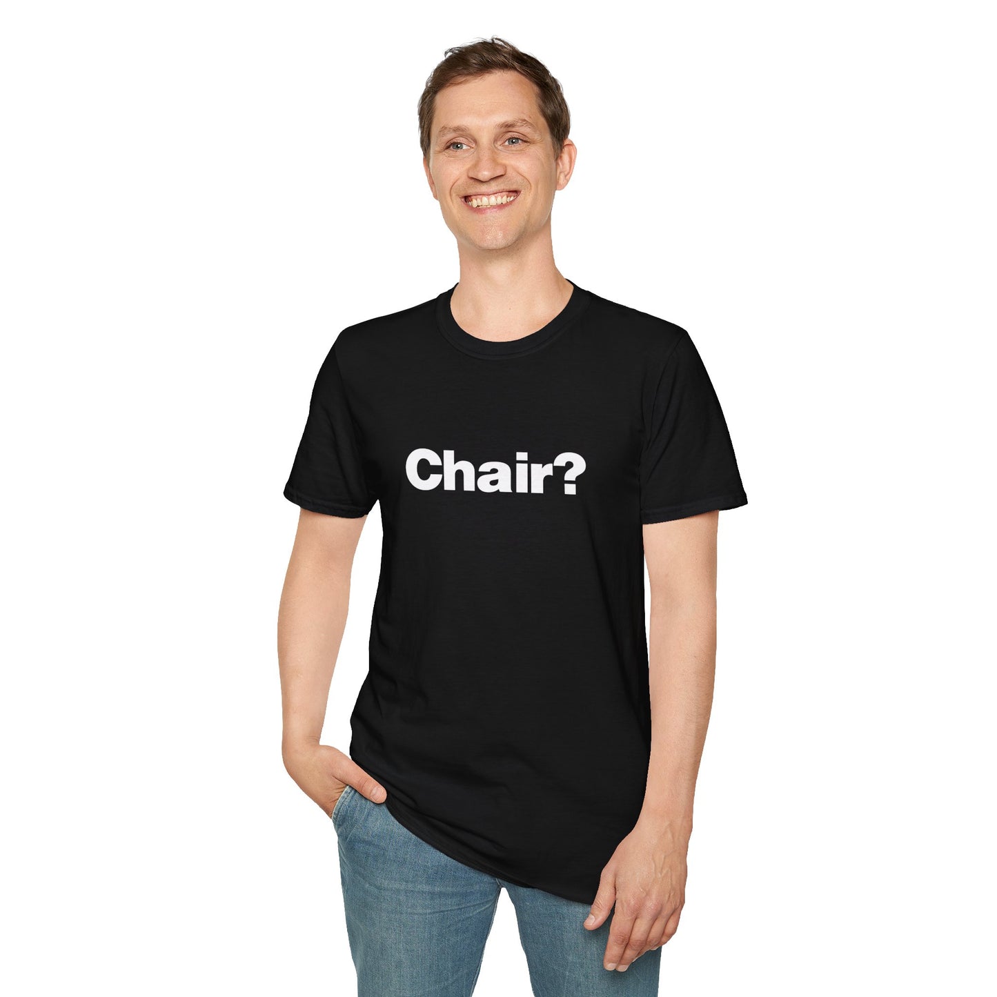 Man in black “Chair?” tee, front view.