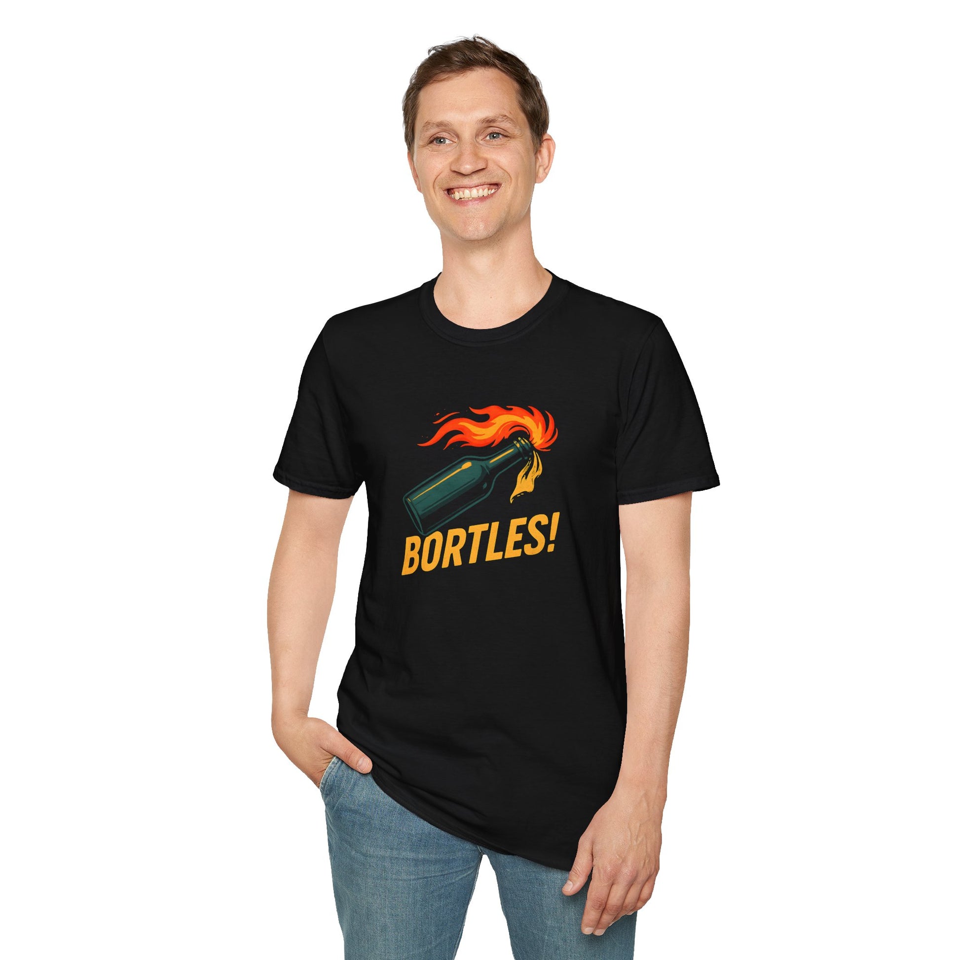 Man wearing black “Bortles” football reference shirt.