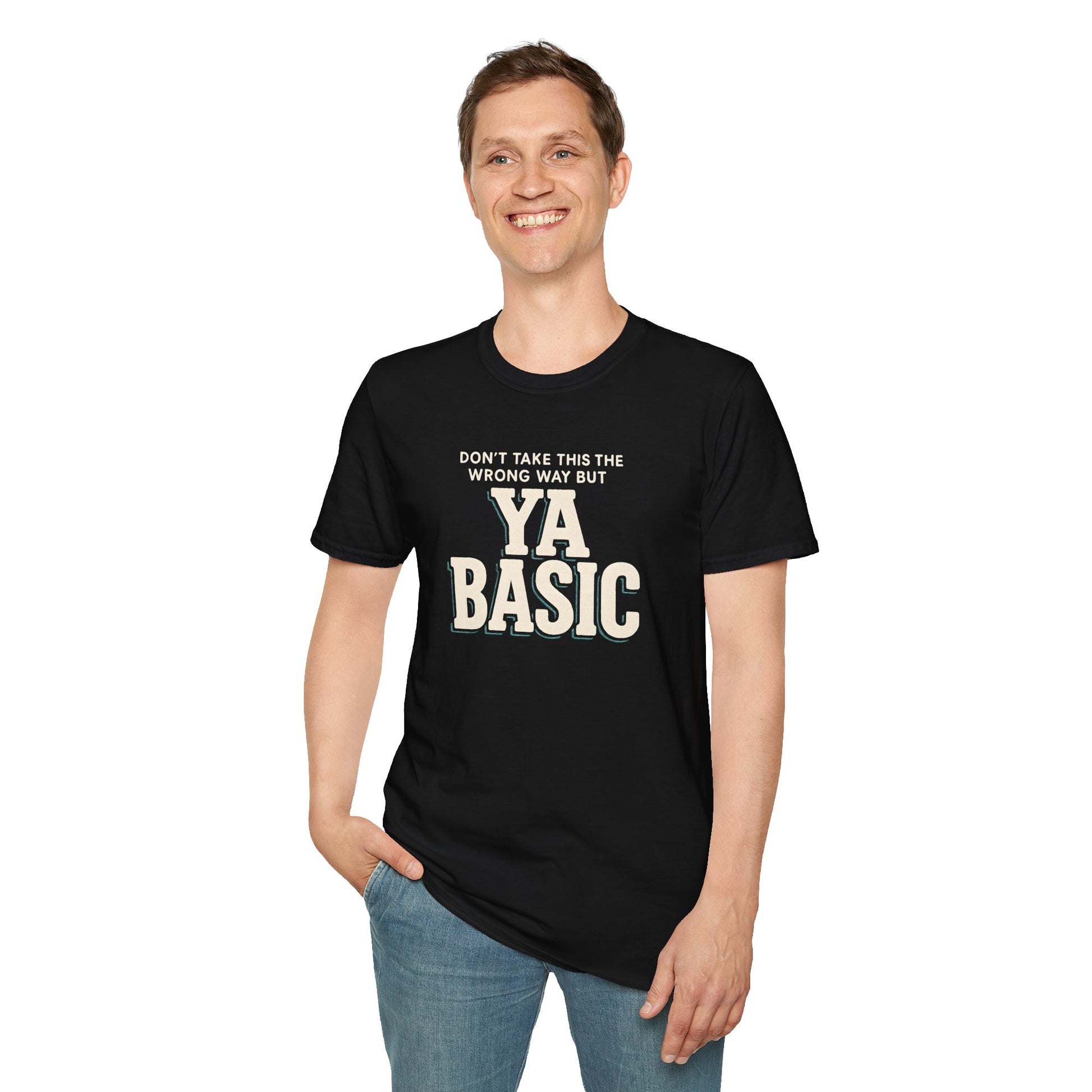 Man in black “Ya Basic” tee, forward-facing.