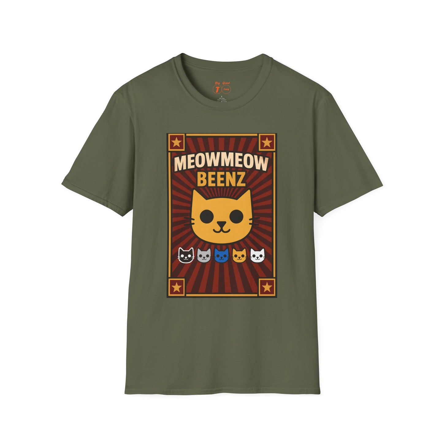 Military Green "MeowMeowBeenz" shirt isolated on a neutral backdrop.