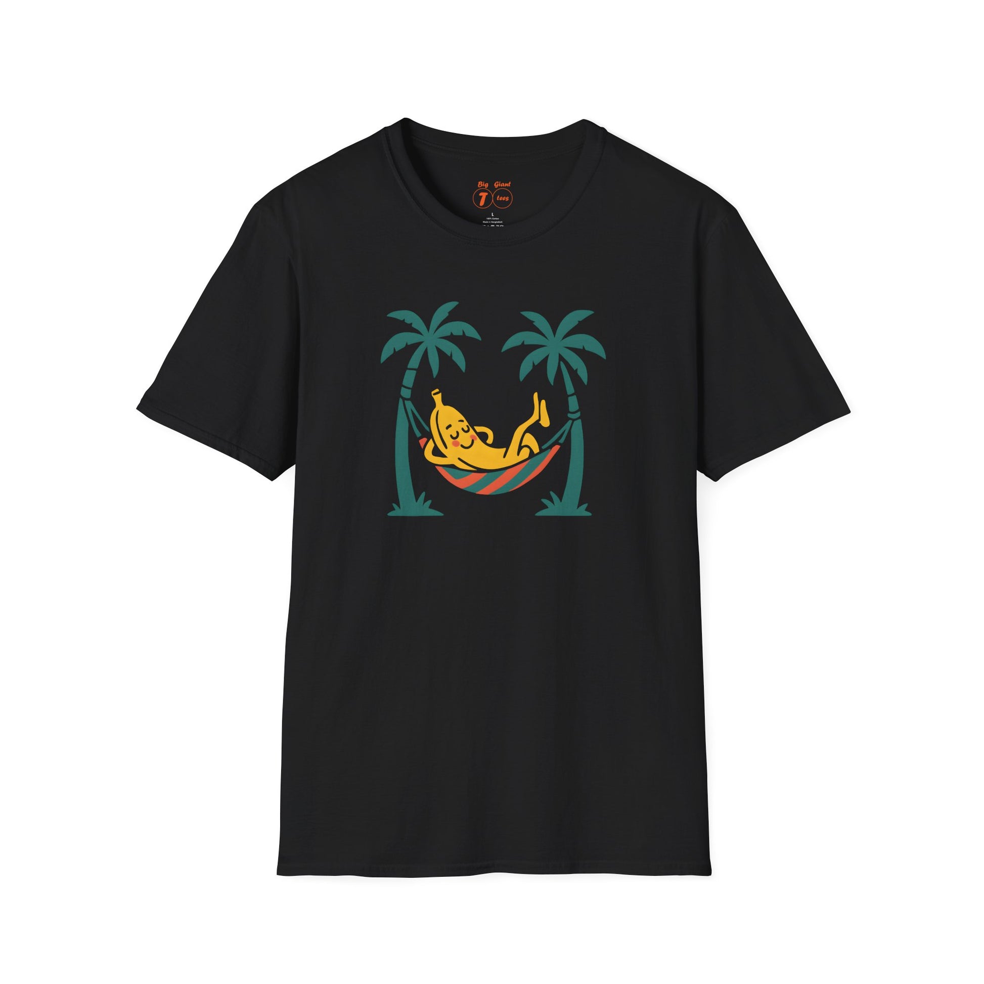Black unisex “Banana Hammock” text design shirt shown flat.