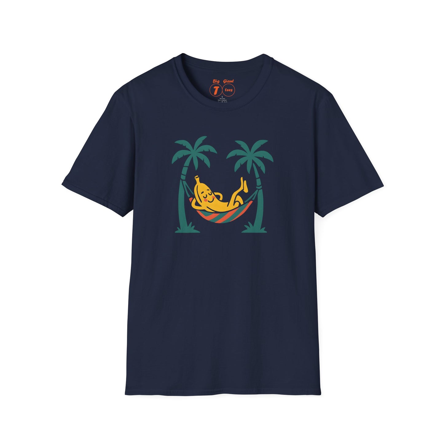Navy blue t-shirt with a graphic of a banana in a hammock between two palm trees on a white background.