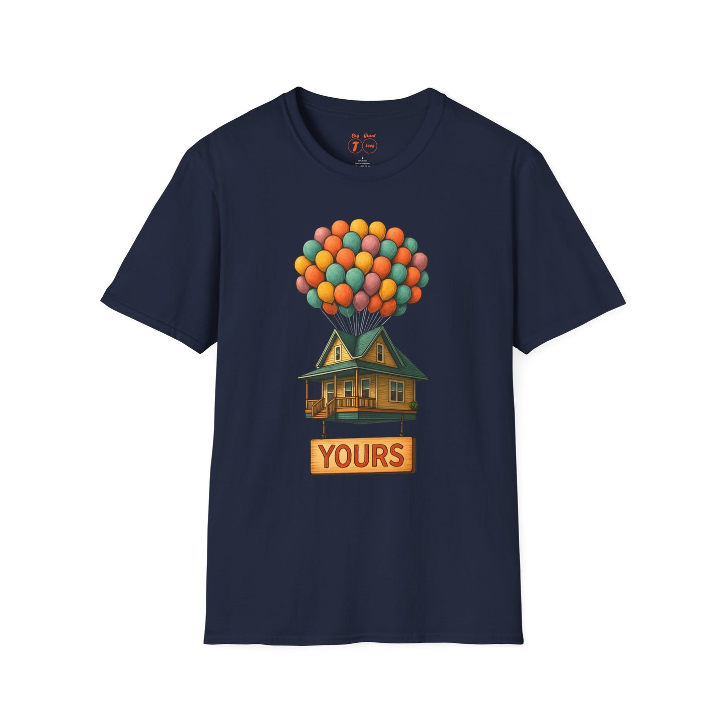 Navy blue t-shirt with a house and balloons graphic and 'YOURS' text on a white background