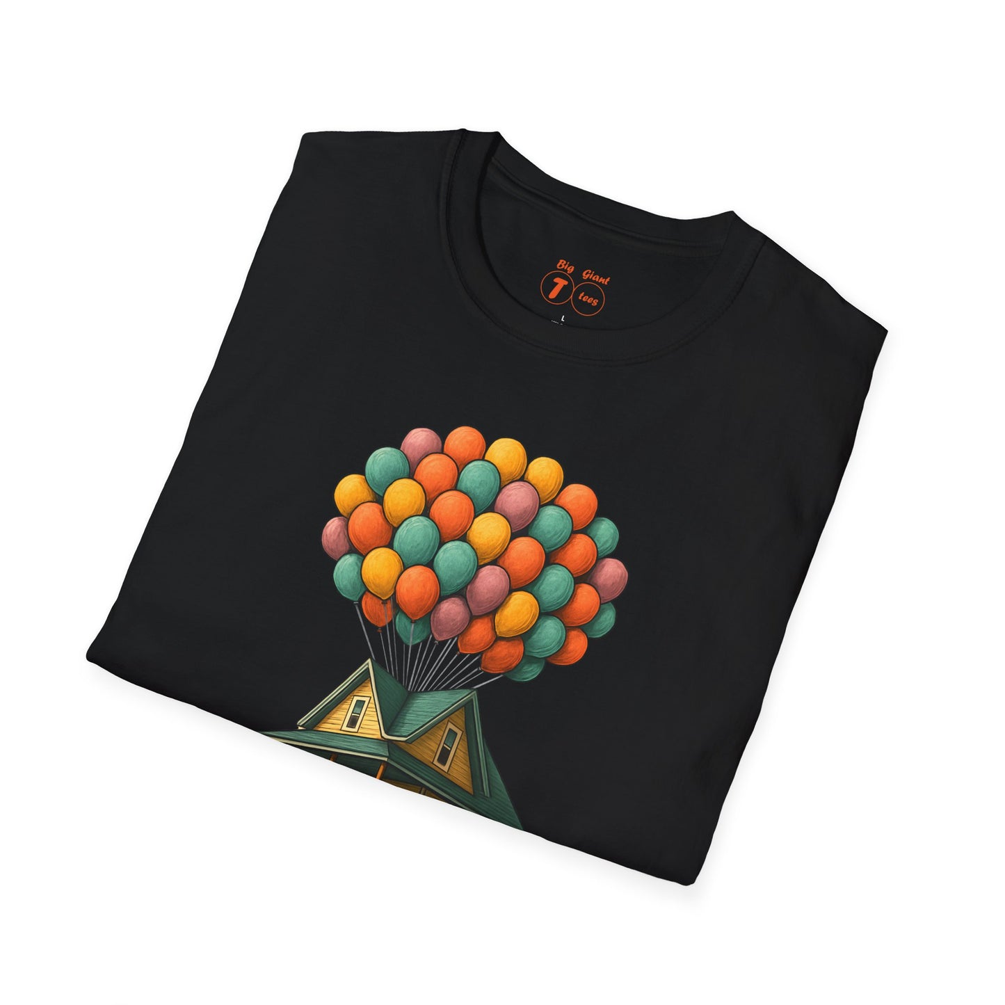 Black sweatshirt with colorful balloon design on a white background