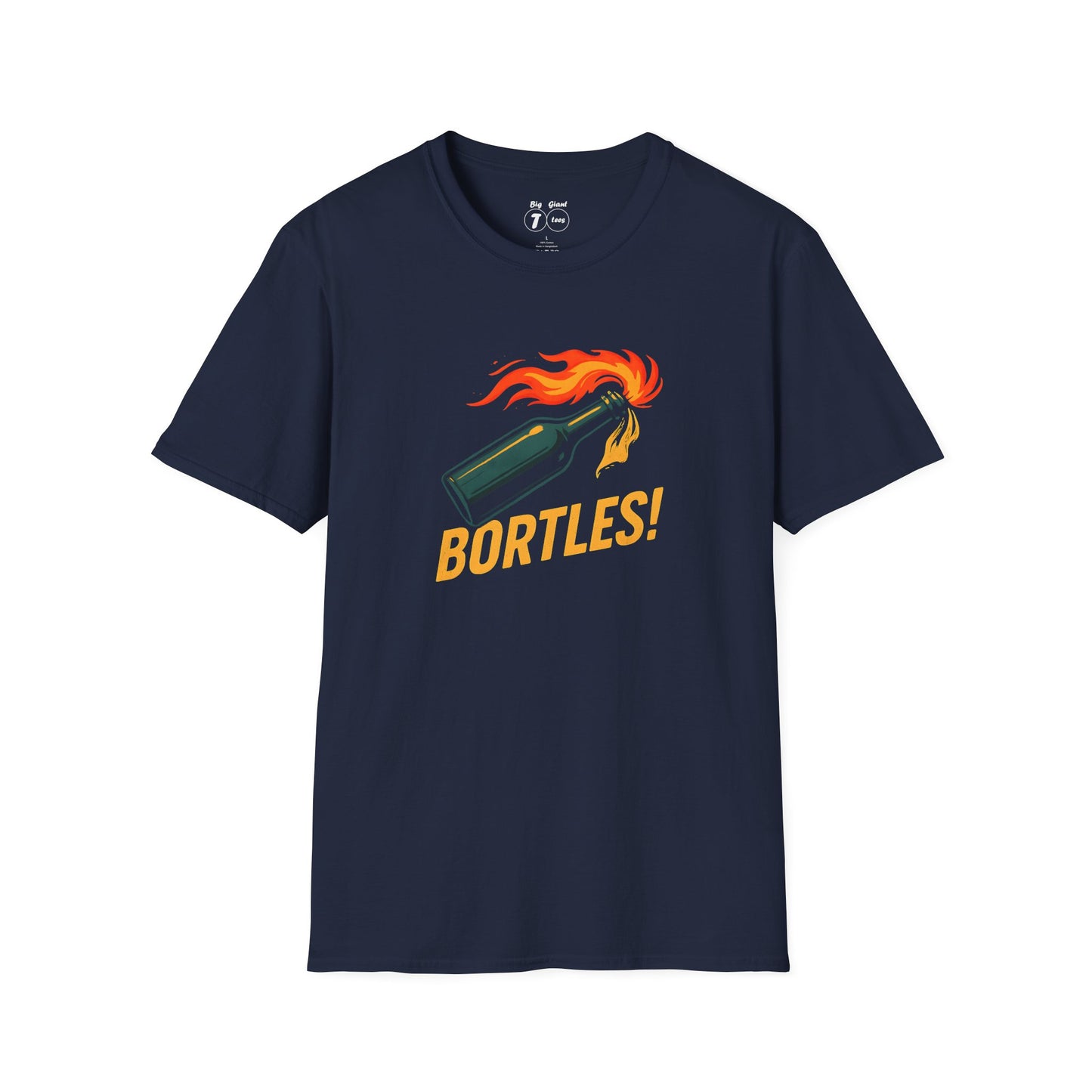 Navy version of “Bortles” shirt on white backdrop.
