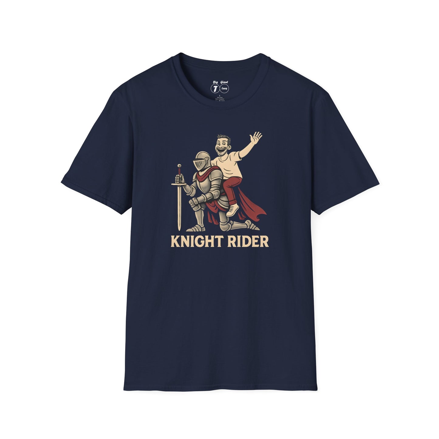 Navy “Knight Rider” graphic tee isolated on simple background.
