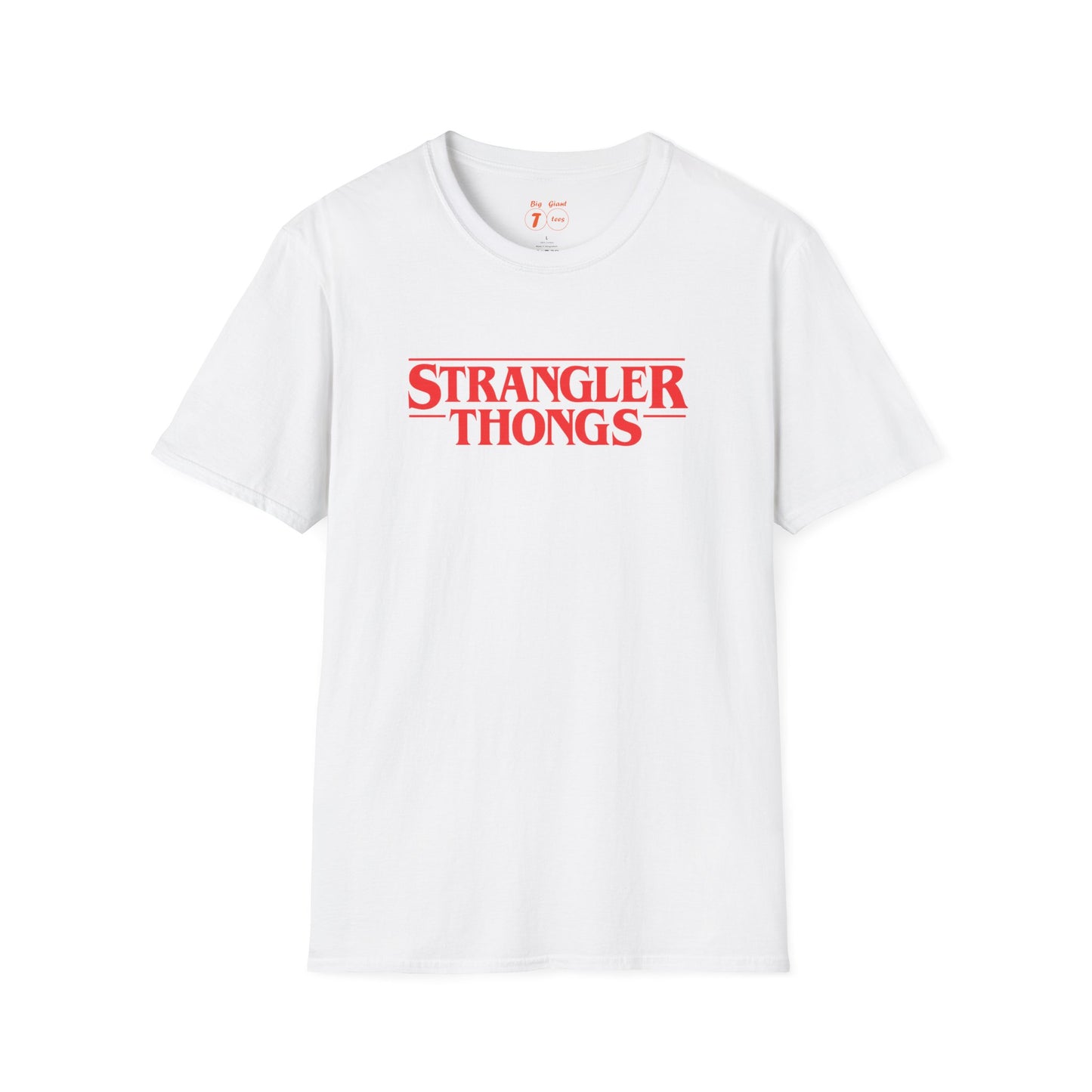 White t-shirt with red text 'STRANGLER THONGS' on a white background.